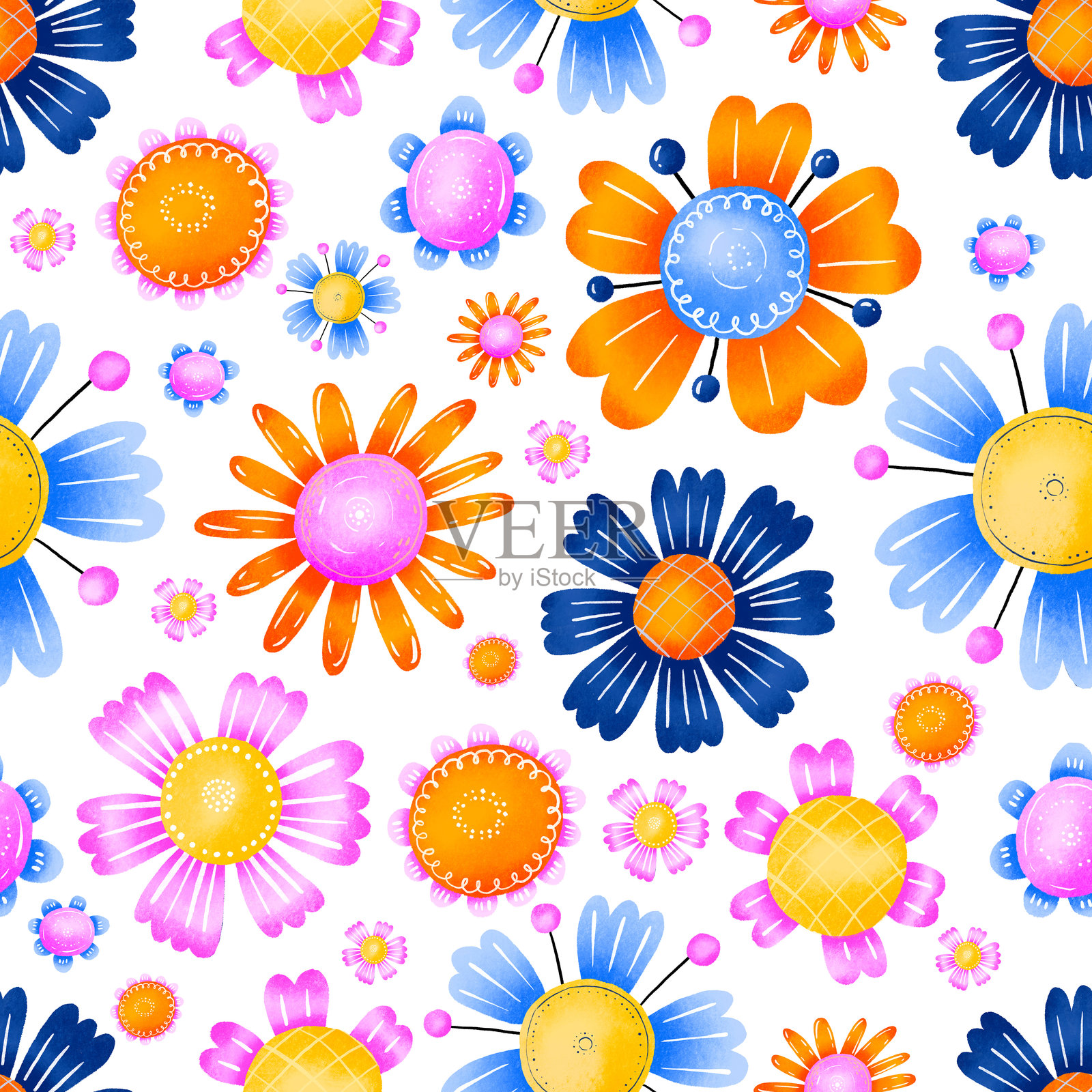 无缝花卉图案。春季、夏季设计。盛开的花朵。色彩丰富的植物、花瓣、叶子。手绘卡通雏菊，无尽背景。装饰。非常适合婴儿房。插画图片素材