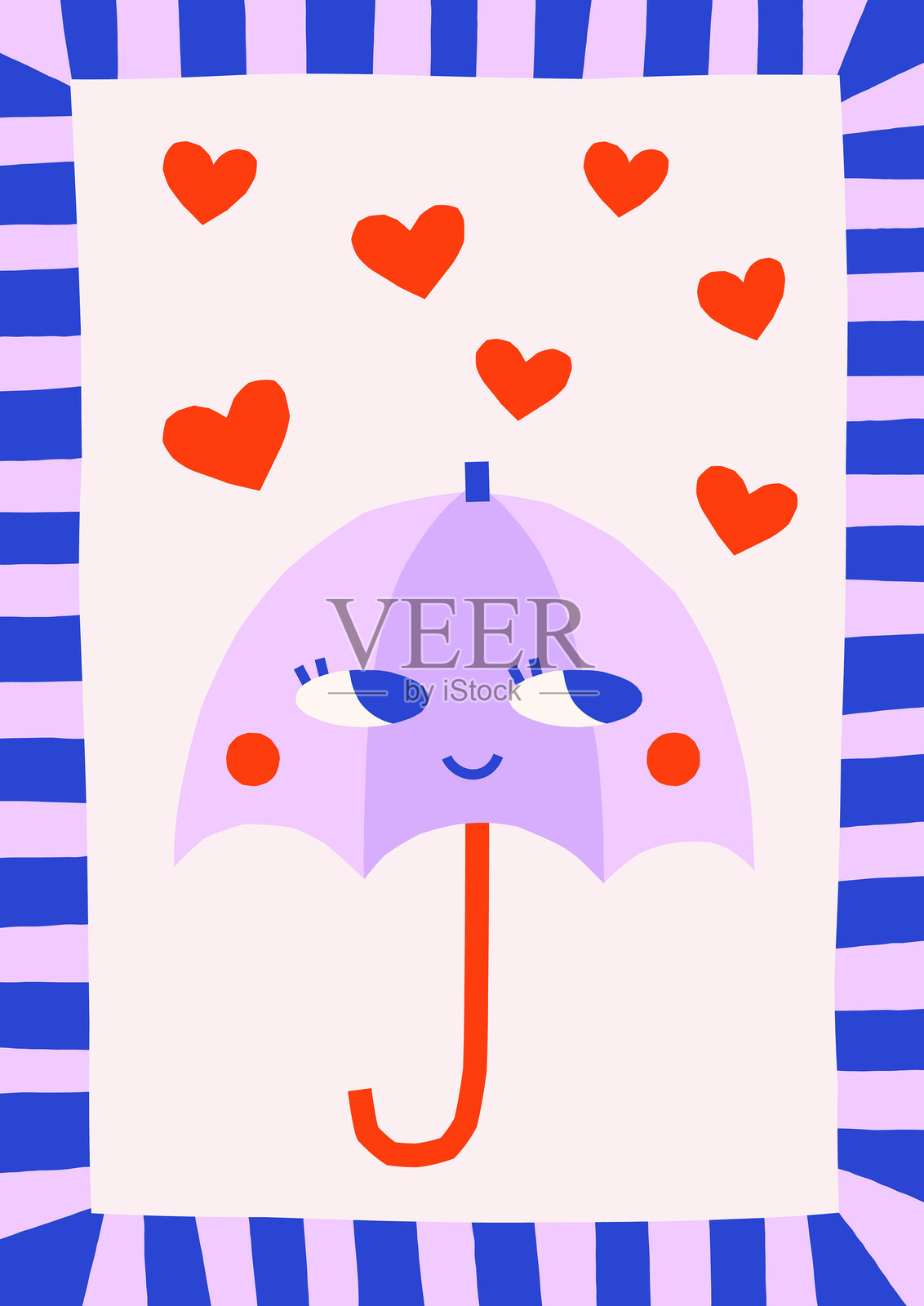 手绘简单插图，伞形角色与心形图案在俏皮的框架中。可爱的剪纸风格情人节贺卡插画图片素材