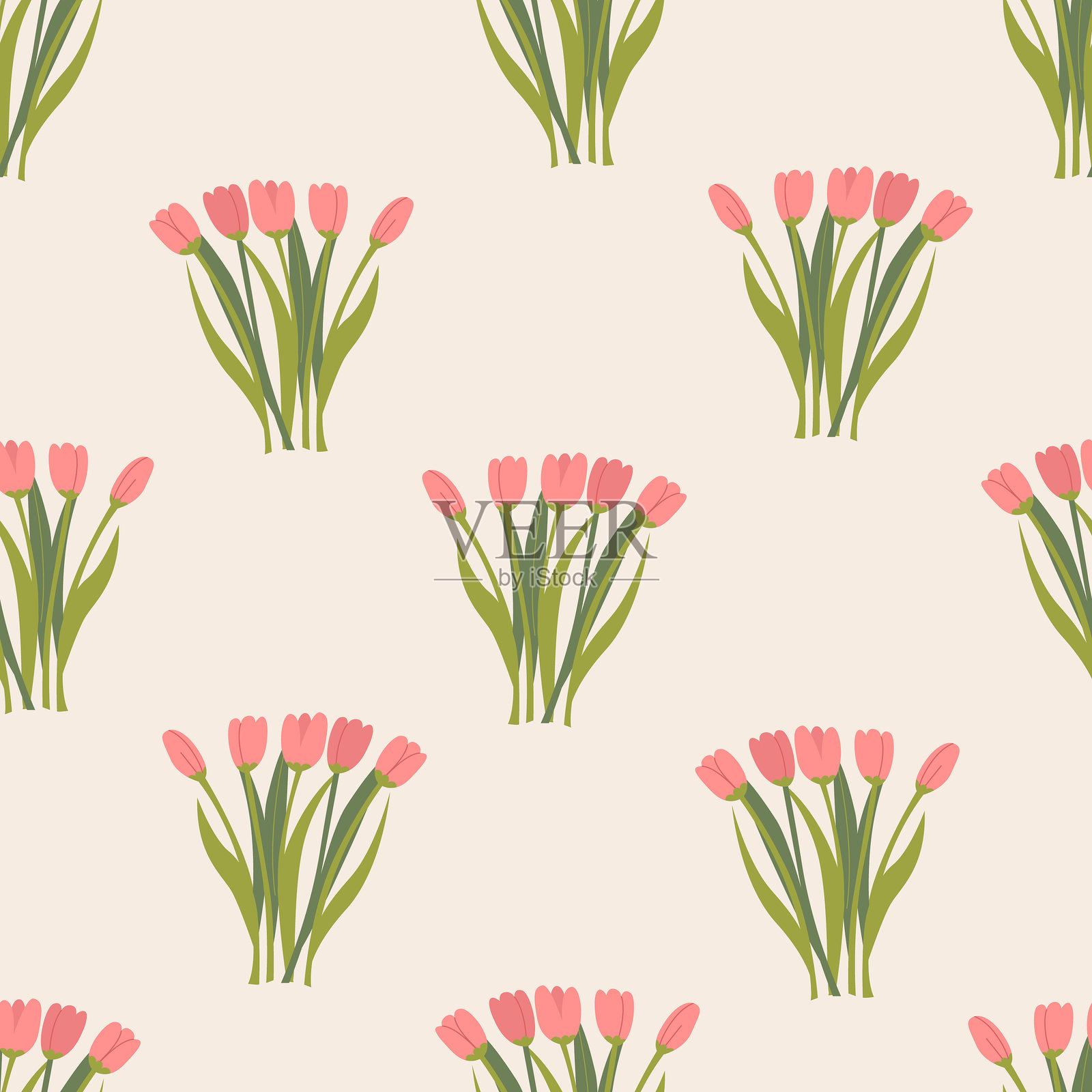 无缝图案，包含粉色郁金香花束。春季花卉矢量平面背景插画图片素材