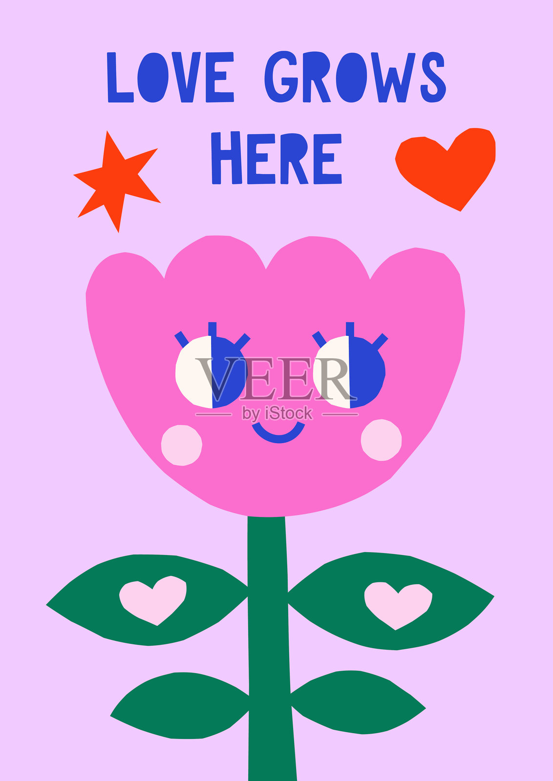 手绘简单插图，展示了一个带有心形和星星的时尚花朵角色。可爱的剪纸风格情人节贺卡。插画图片素材