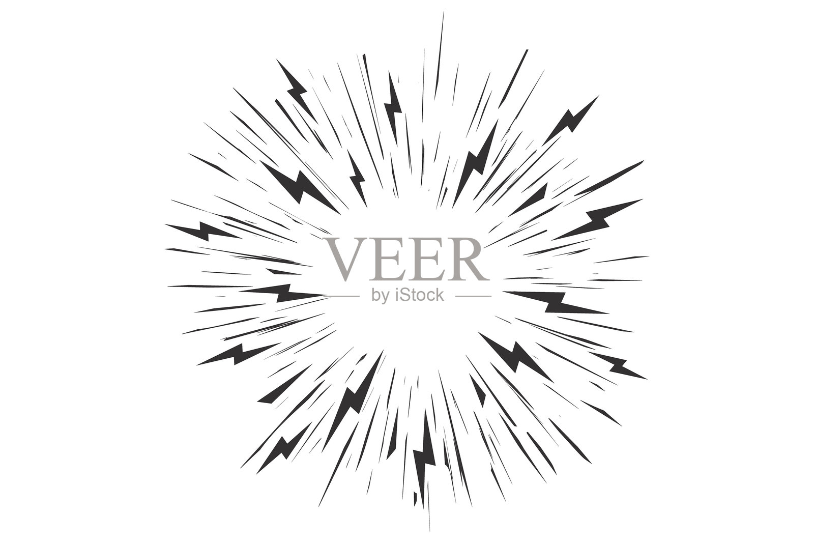 漫画速度线。放射状的漫画爆发。带有闪电的矢量卡通动作和运动光线。带有透视效果的轰鸣效果。白色背景上的爆炸吼叫和尖叫条纹。插画图片素材