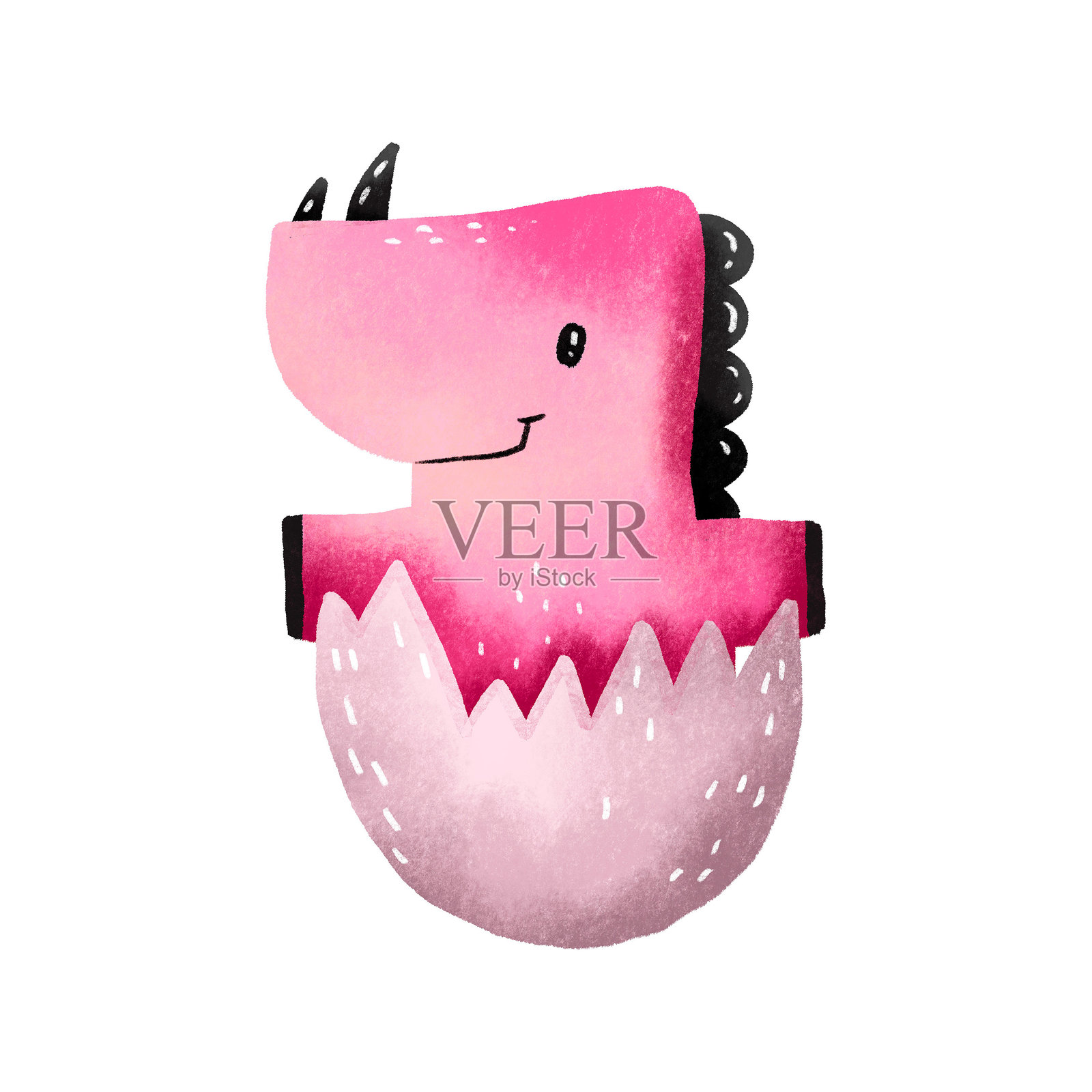 粉色恐龙怪兽在蛋里。幼崽。新生儿。可爱的恐龙，长脖子和长尾巴。手绘卡通搞笑插图，背景为单色。插画图片素材