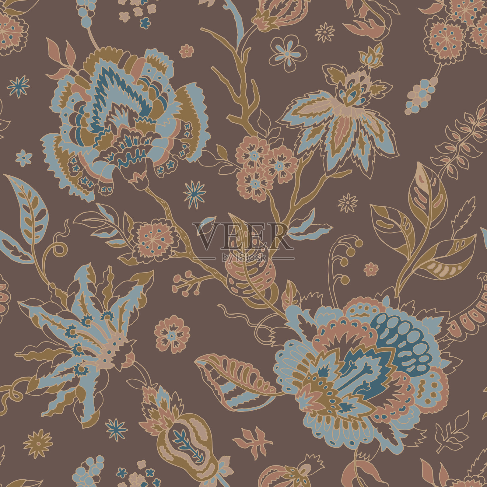 棕色背景上的华丽花卉图案插画图片素材