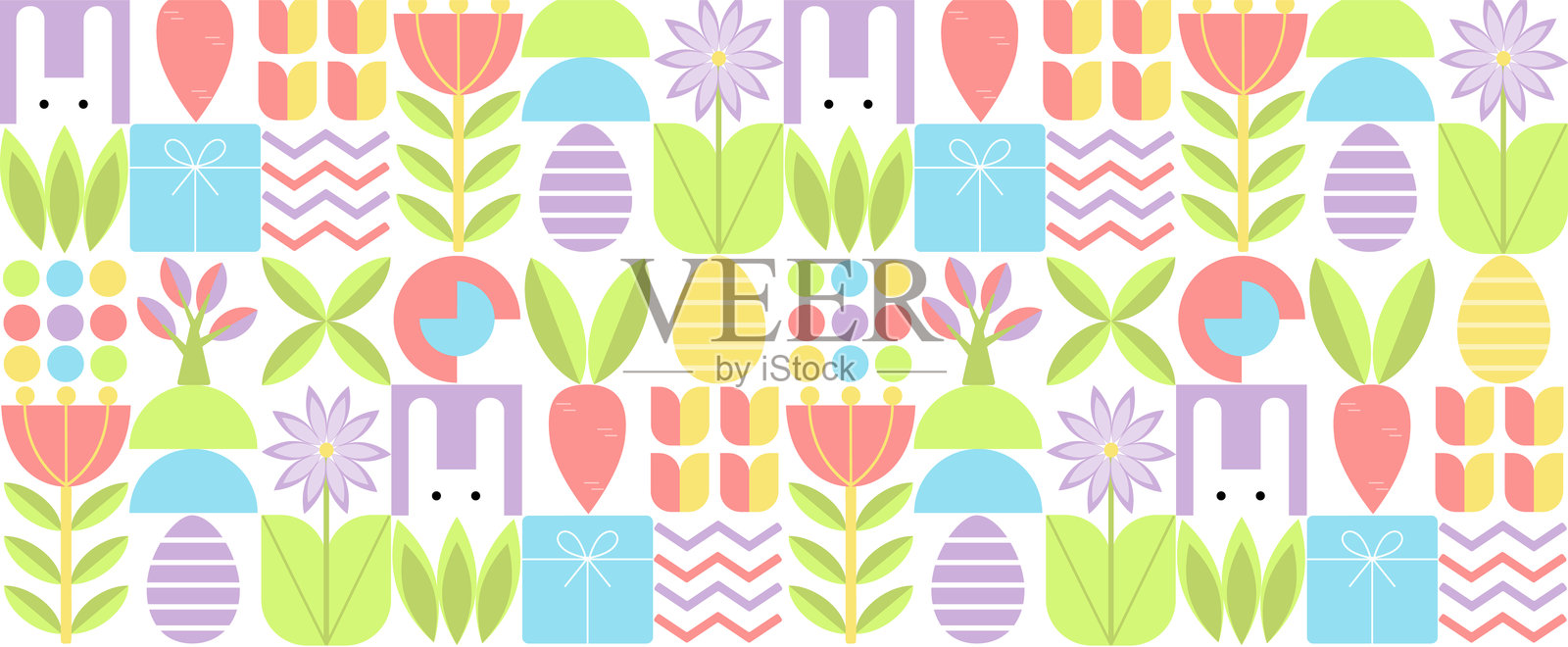 现代极简风格的无缝复活节图案，包含几何形状和鸡蛋。适用于海报、品牌、广告、明信片、印刷品和横幅的抽象模板。插画图片素材