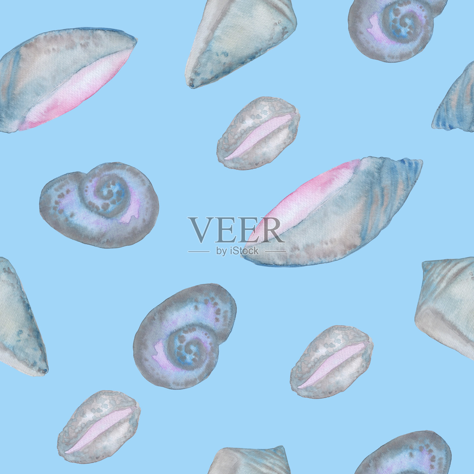 海洋贝壳无缝图案，独立于蓝色背景，水彩插图，适用于纺织设计、贴纸、卡片和横幅插画图片素材