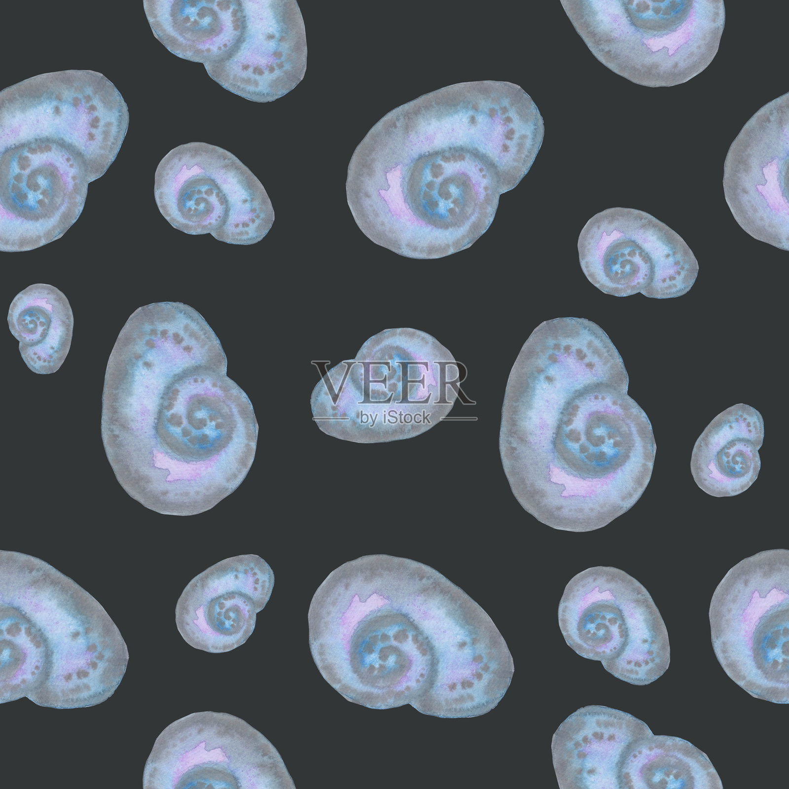 娜娜·多诺瓦尼海洋贝壳无缝图案水彩插图，独立于黑色背景，适合印刷在纺织品、餐具和明信片上。插画图片素材