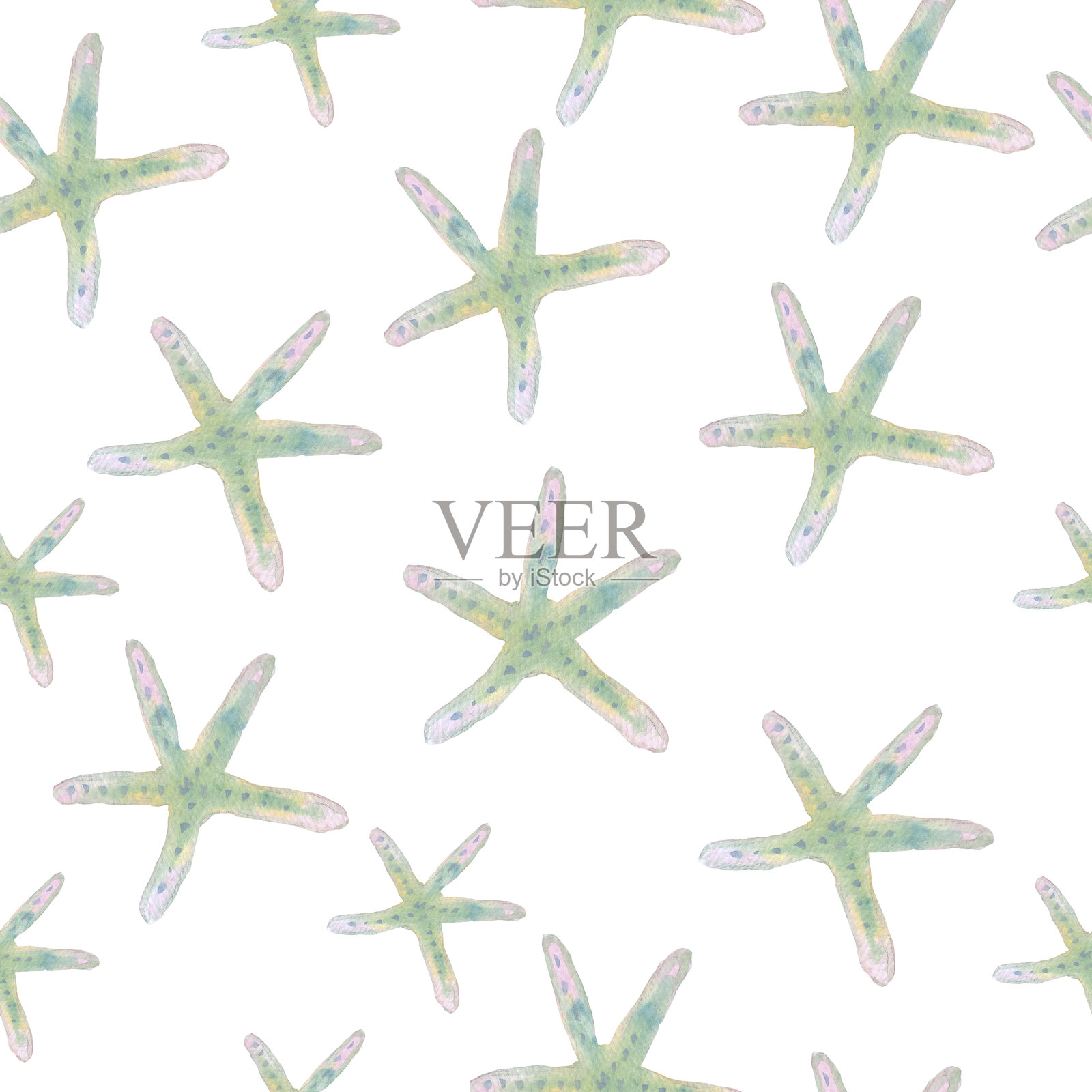 Linckia laevigata海洋海星无缝图案，独立于白色背景，水彩插图，适用于纺织设计、贴纸、卡片和横幅。插画图片素材