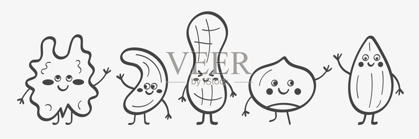 卡通微笑坚果的素描。搞笑角色。健康有机零食产品。插画图片素材