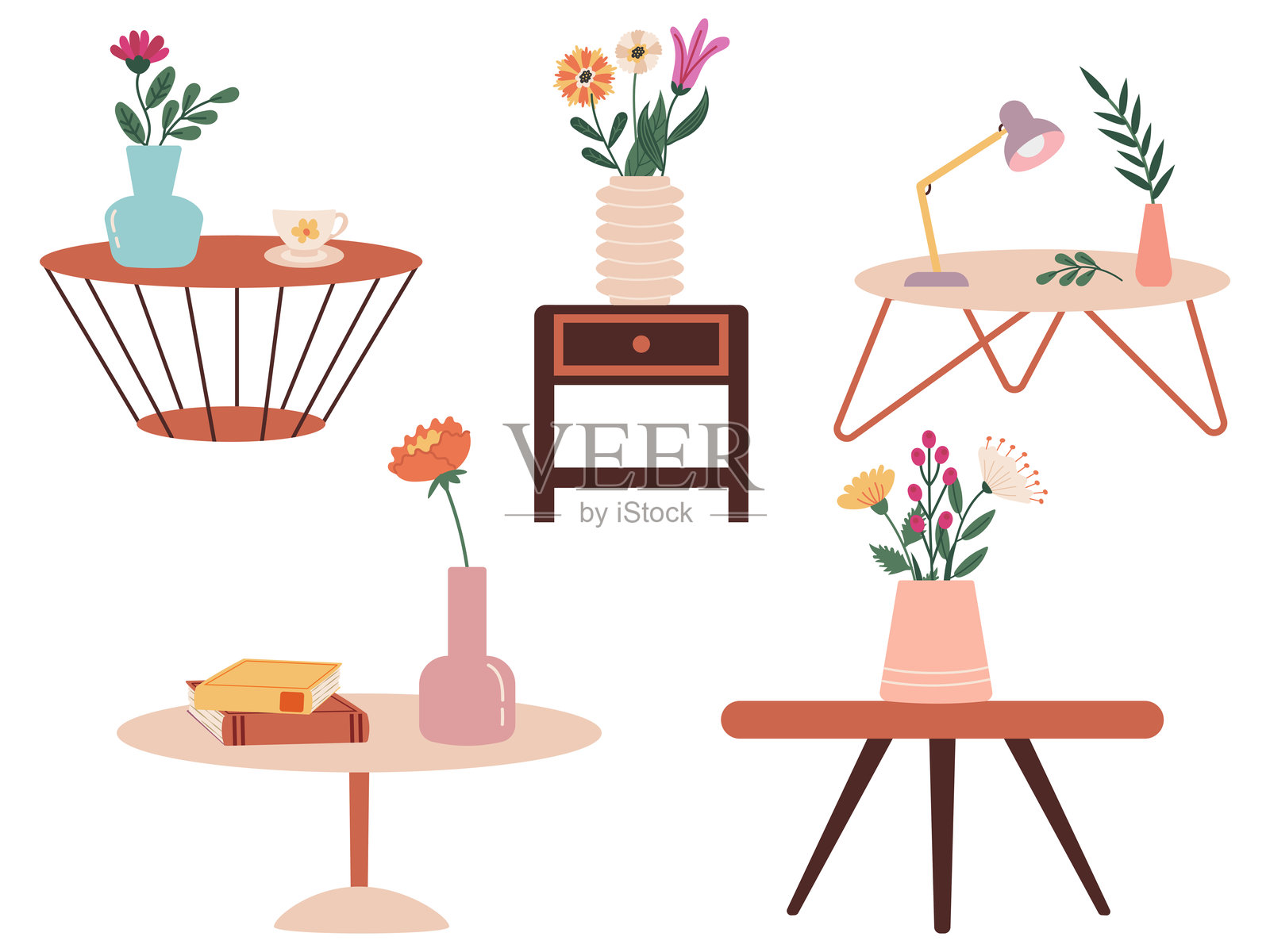 一组平面风格的咖啡桌和床头柜，配有花瓶和鲜花。矢量室内元素插画图片素材