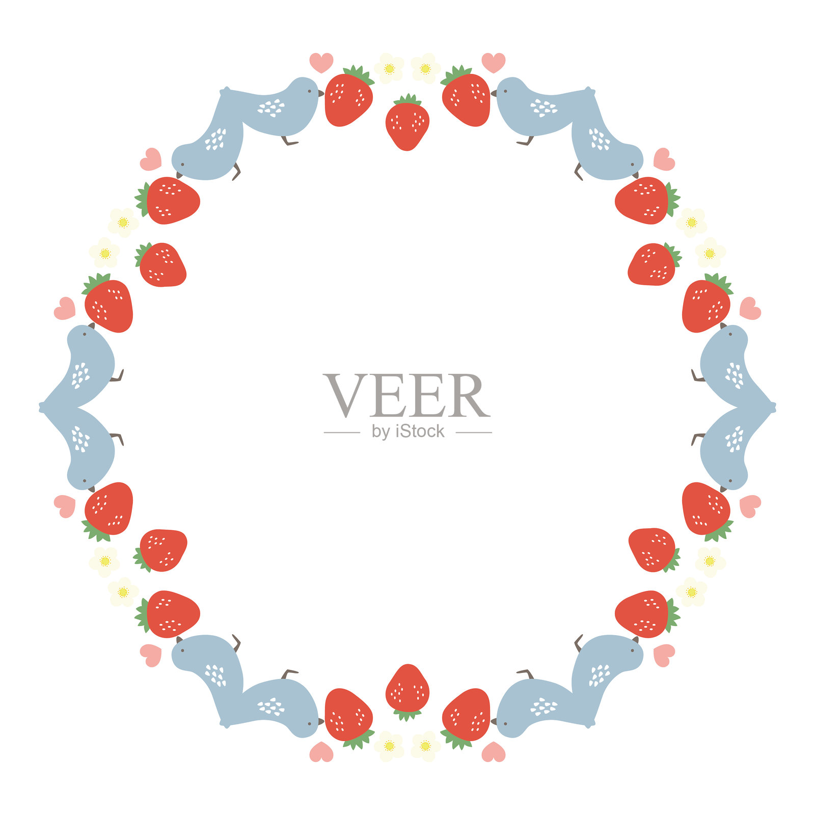 可爱的鸟儿吃草莓的圆形框架插画图片素材