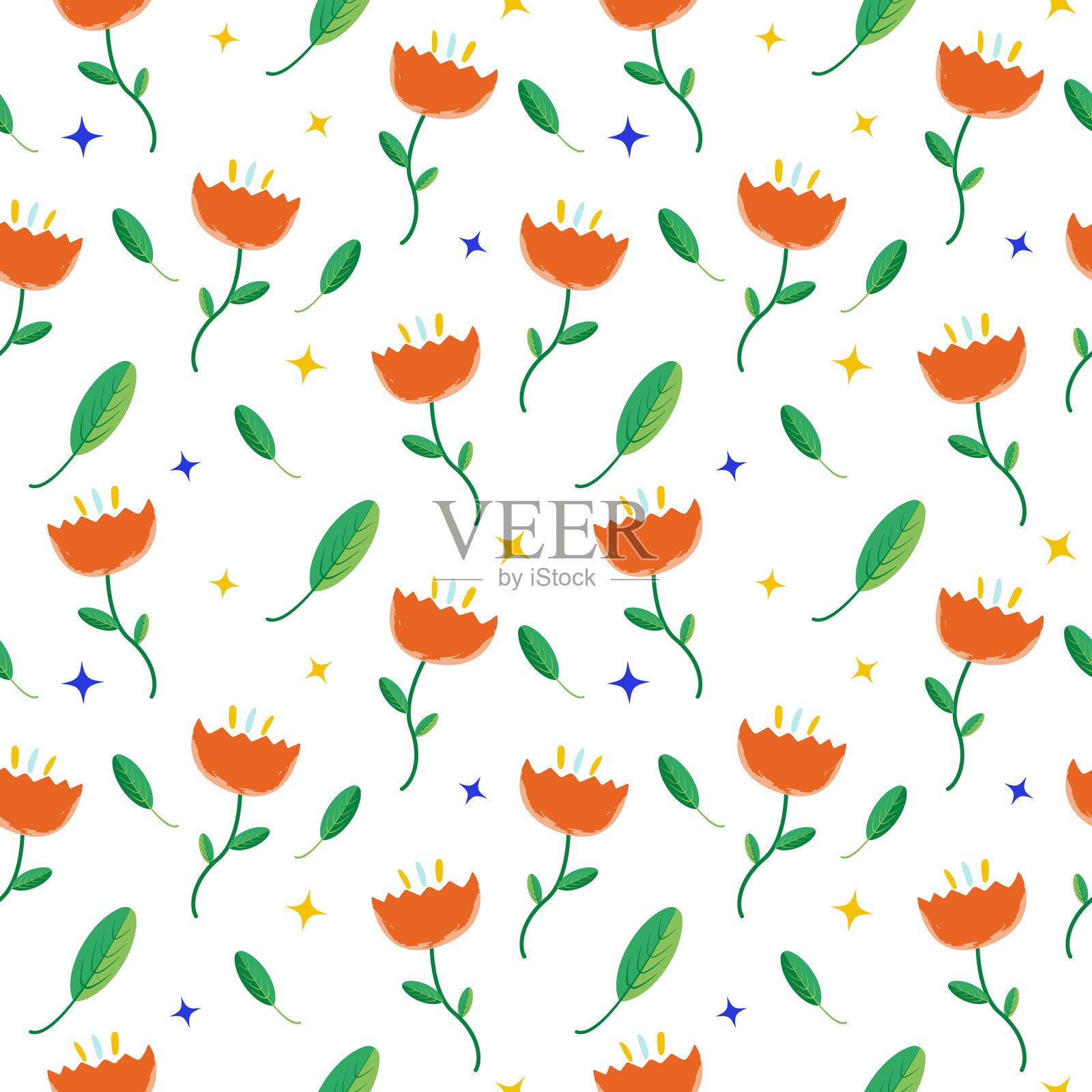 花卉无缝图案。白色背景上重复的花朵、叶子和星星设计。插画图片素材