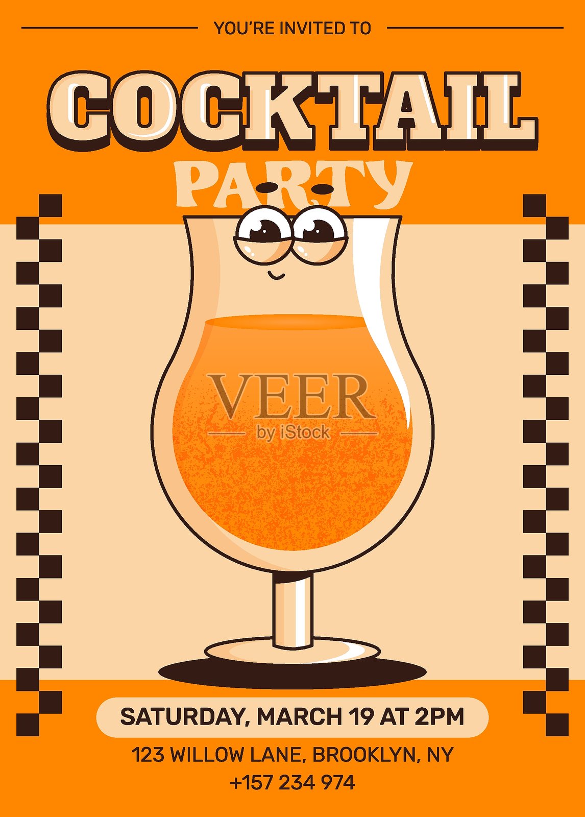 复古夏季派对邀请海报，展示时髦角色鸡尾酒，包含酒精或无酒精饮品。适用于咖啡馆、酒吧、酒馆、休息室的复古矢量插图。橙色调。插画图片素材