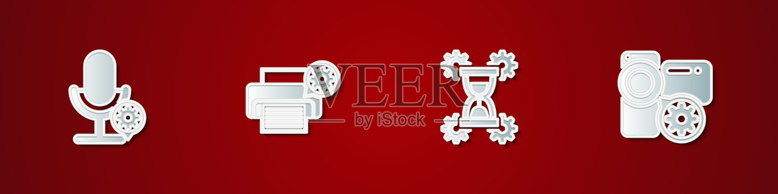 麦克风设置、打印机、沙漏和摄像机图标。矢量图。插画图片素材