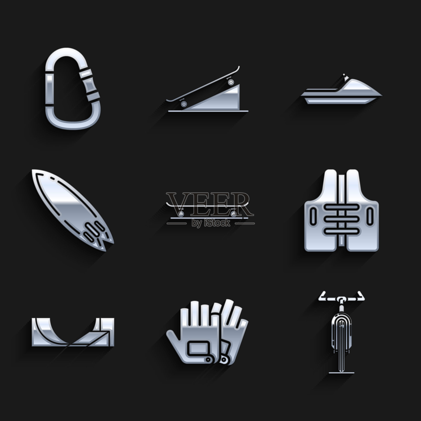 滑板、手套、自行车、救生衣、公园、冲浪板、摩托艇和登山扣图标。矢量图。插画图片素材