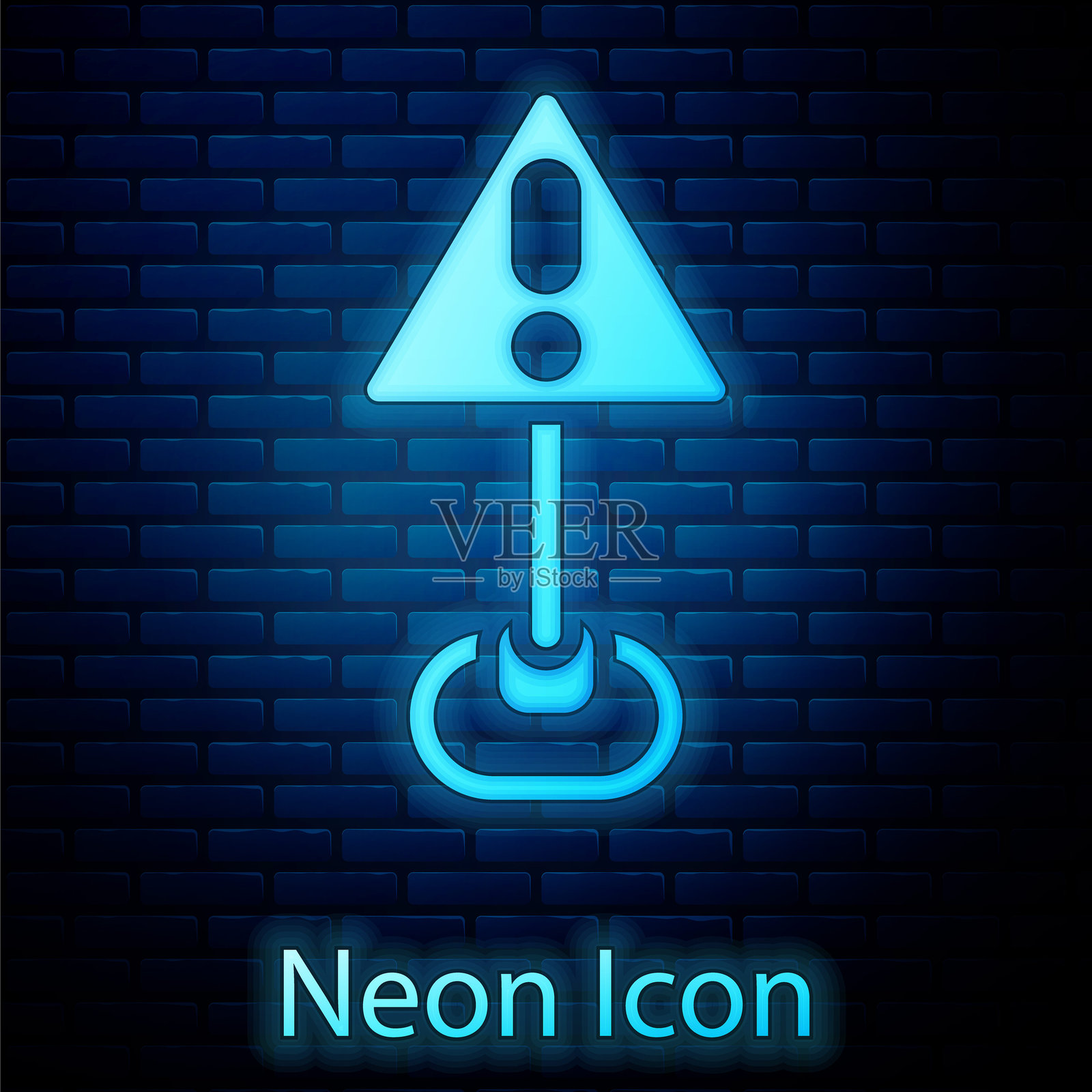 发光的霓虹三角形感叹号图标，背景为砖墙。危险警告标志，注意，小心，重要的危险警告标志。矢量图。插画图片素材