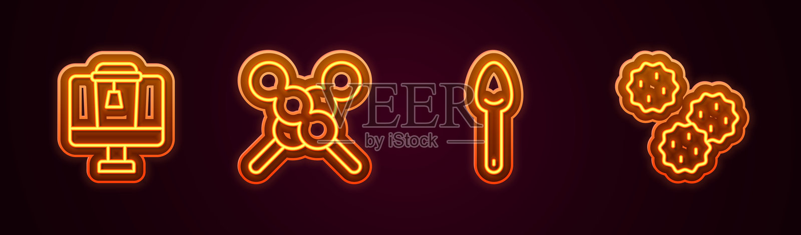 在线订餐，木棍上的肉丸，勺子和饼干。发光的霓虹图标。矢量图。插画图片素材