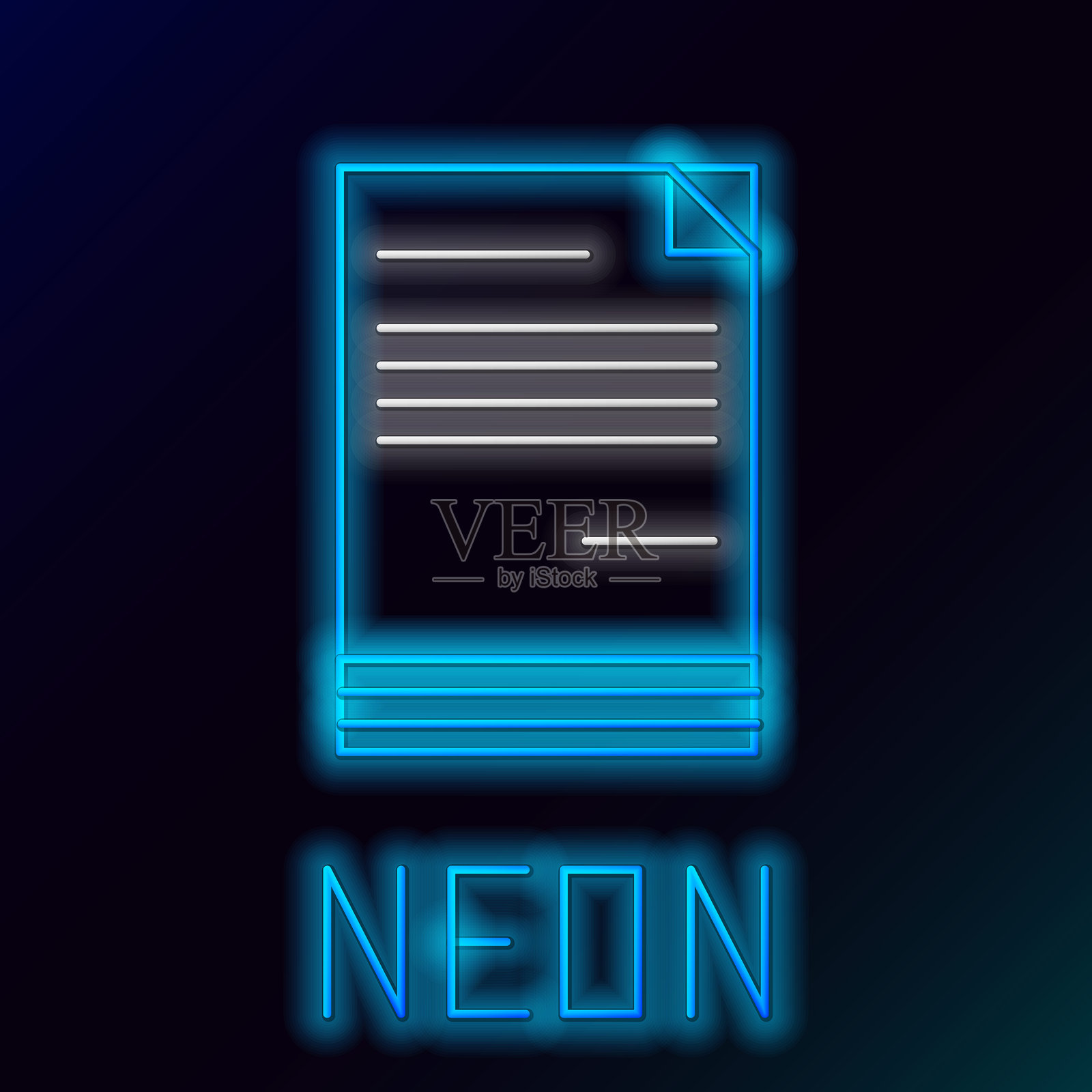 蓝色发光霓虹线文档图标，背景为黑色。文件图标。清单图标。商业概念。彩色轮廓概念。矢量插图。插画图片素材