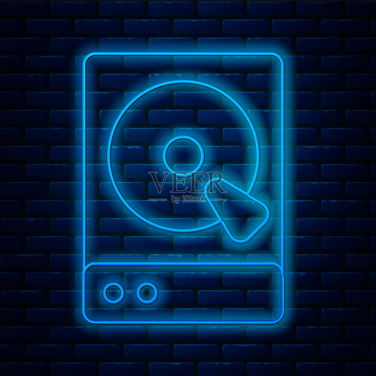 发光的霓虹线硬盘驱动器HDD图标，背景为砖墙。矢量图插画图片素材