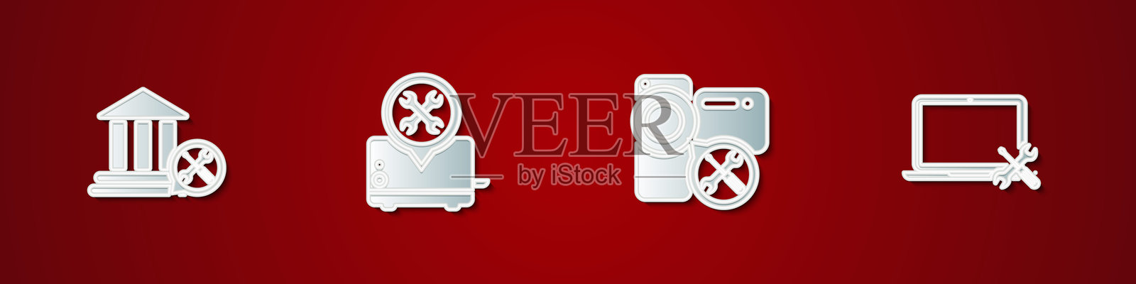 银行建筑服务、烤面包机、摄像机和笔记本电脑图标。矢量图。插画图片素材