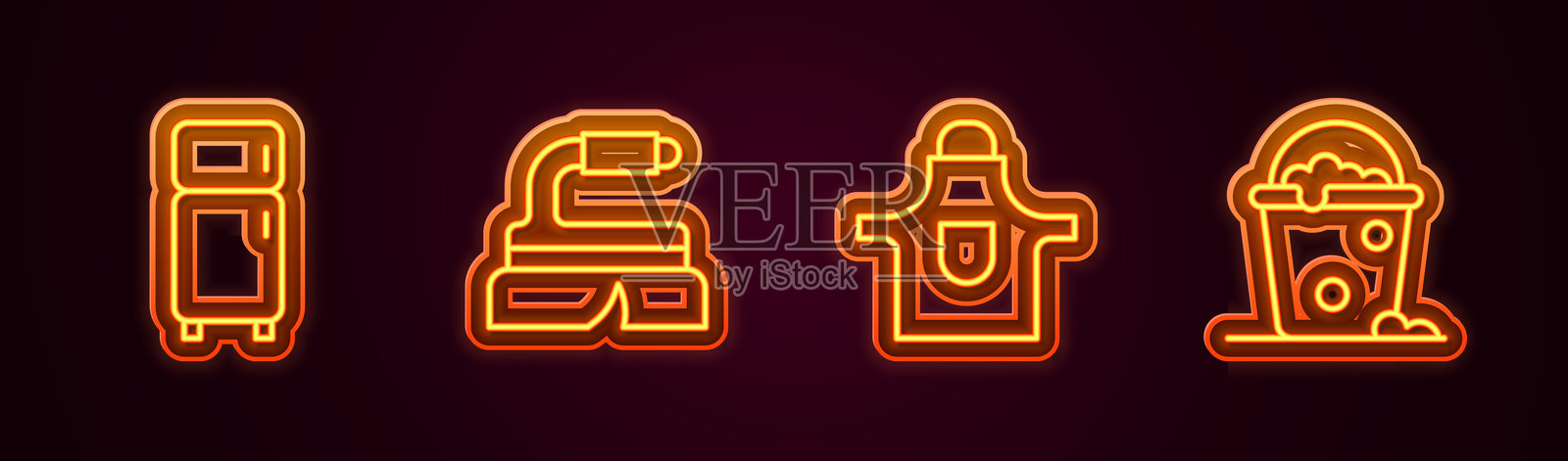 冰箱、清洁刷、厨房围裙和装有泡沫和气泡的桶。发光的霓虹图标。矢量图。插画图片素材