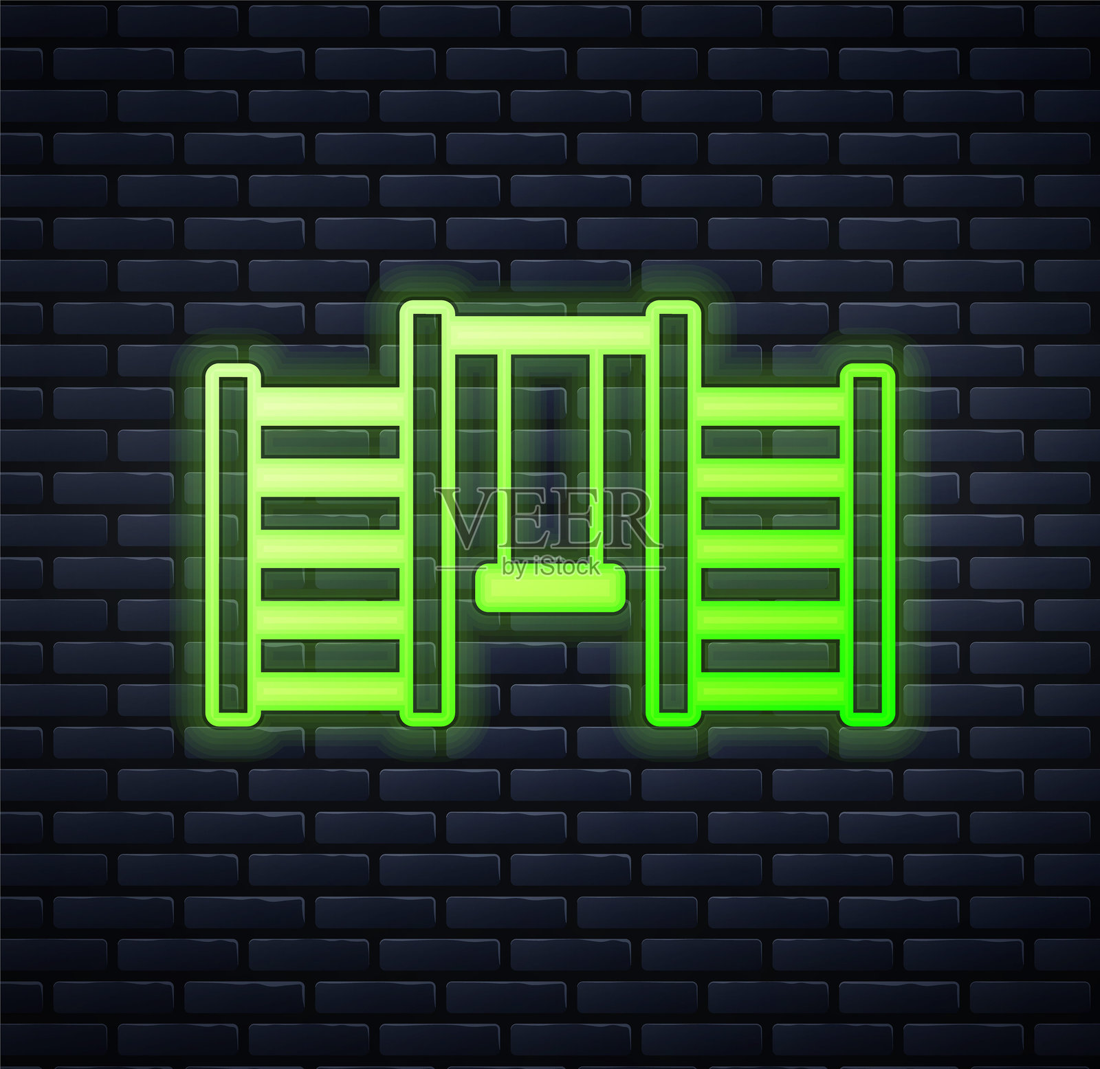 发光的霓虹木质瑞典墙壁图标，背景为砖墙。瑞典楼梯。矢量图。插画图片素材