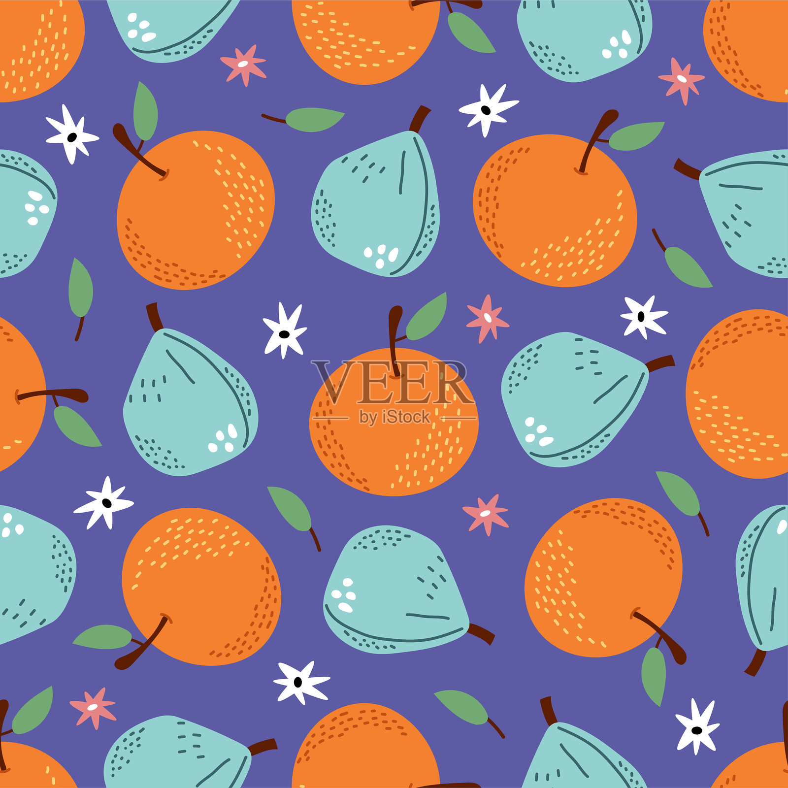 蓝色背景上无缝图案的蓝色无花果、橙子和小花。插画图片素材