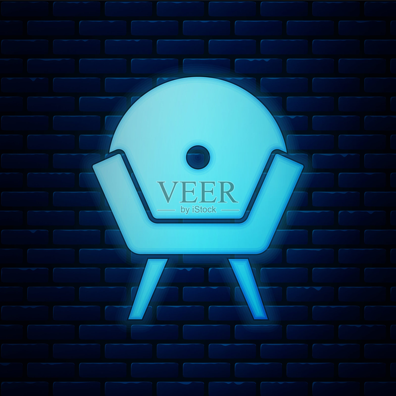 发光的霓虹扶手椅图标，背景为砖墙。矢量图。插画图片素材