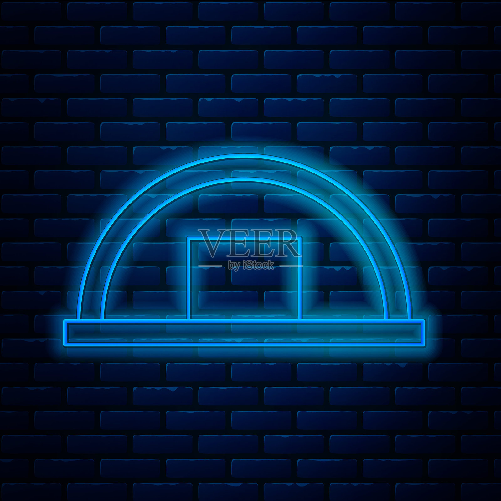 发光的霓虹线仓库图标，背景为砖墙。矢量图。插画图片素材