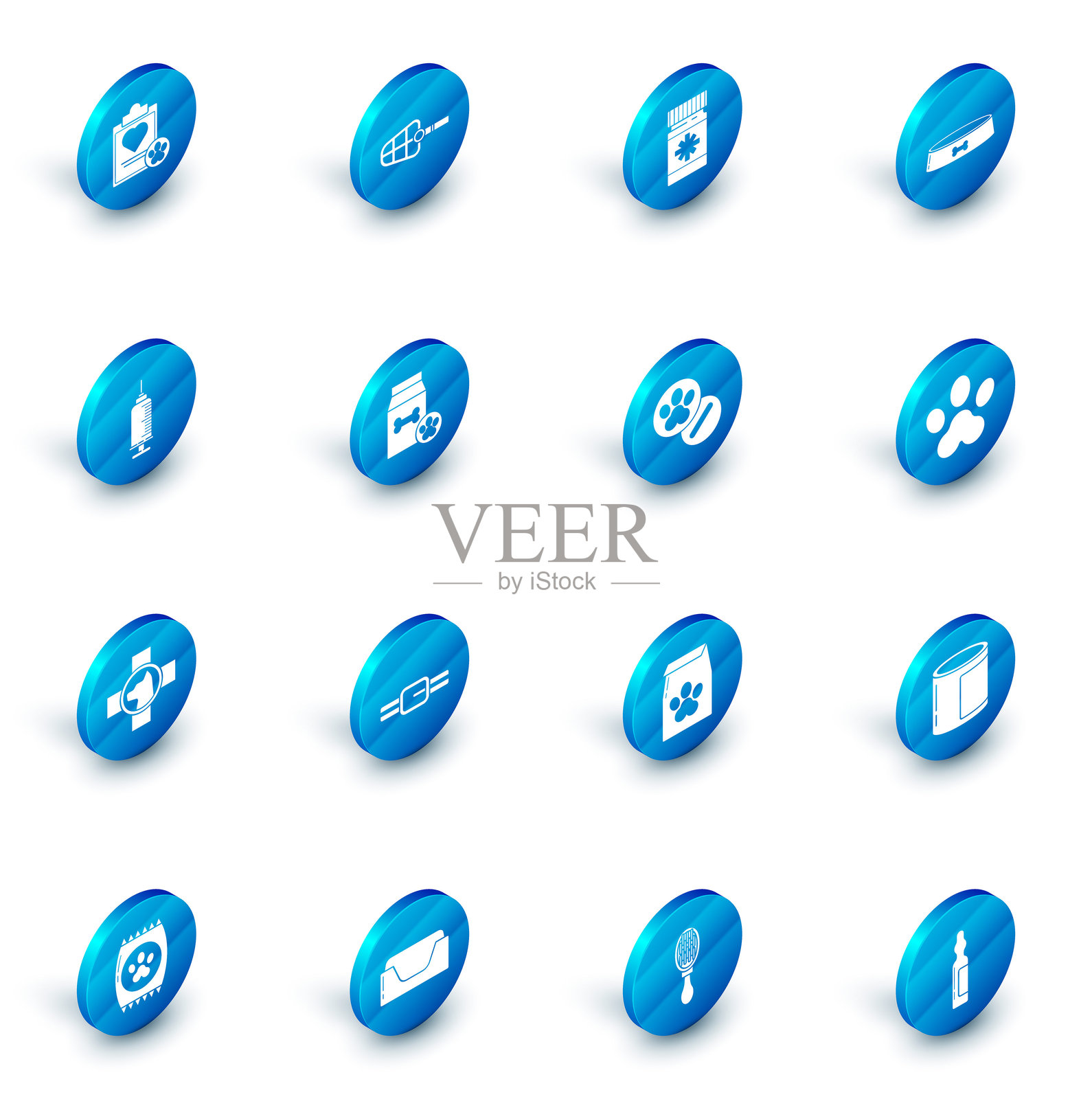 狗嘴套、药瓶和药丸、宠物食物碗、注射器与宠物疫苗、兽医诊所标志、宠物食品袋、爪印和图标。矢量图。插画图片素材