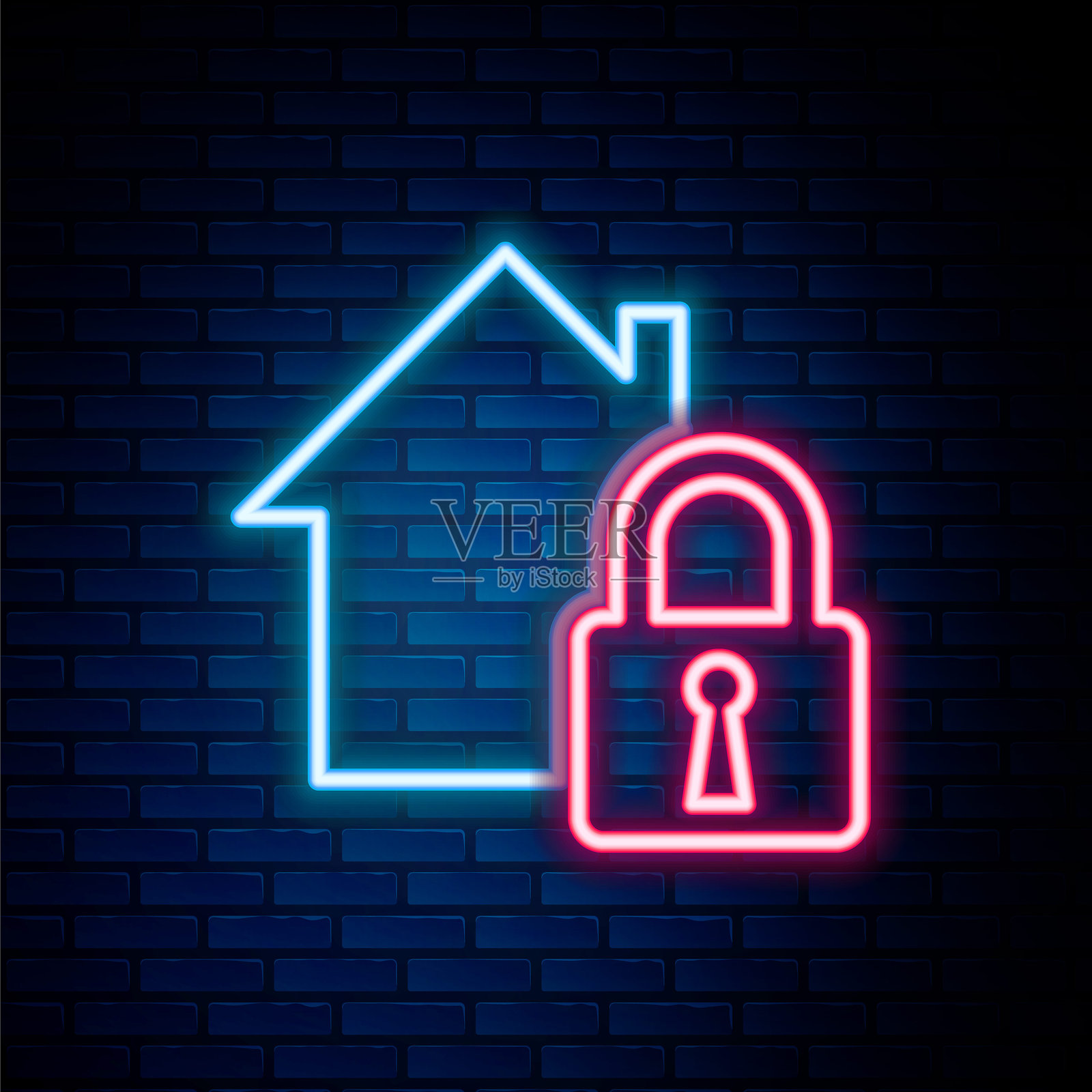 发光的霓虹线条房屋保护图标，背景为砖墙。家与锁。保护、安全、防卫、守护、防御概念。彩色轮廓概念。矢量图。插画图片素材