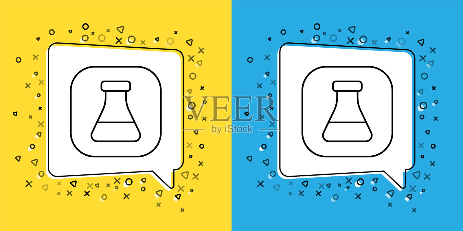 试管和烧瓶化学实验室测试图标，背景为黄色和蓝色。实验室玻璃器皿标志。矢量图。插画图片素材