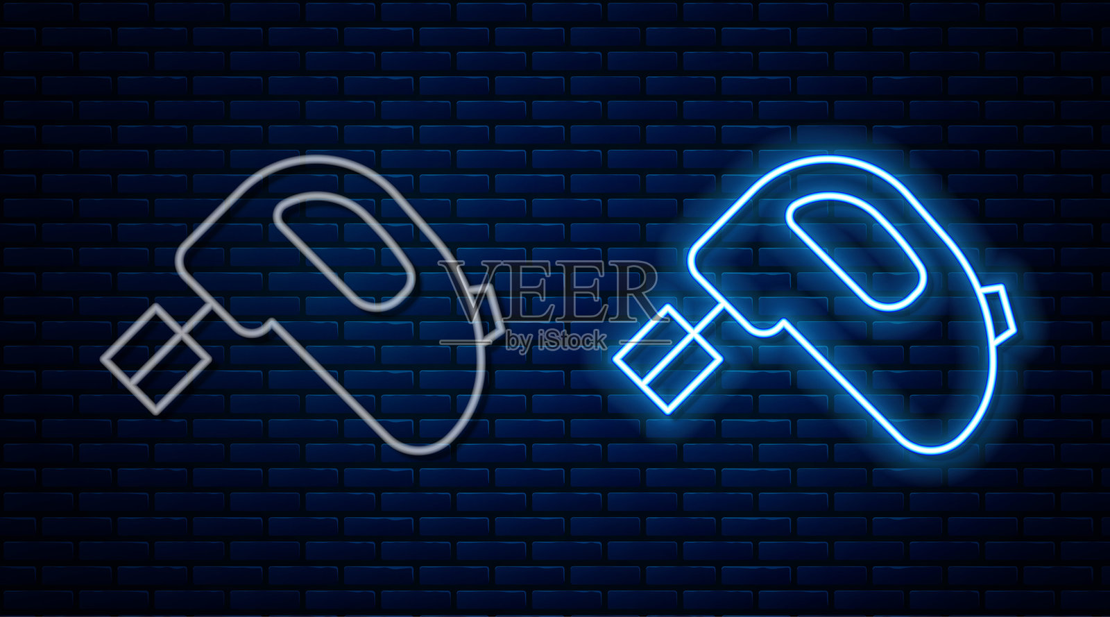 发光的霓虹线电动搅拌器图标，背景为砖墙。厨房搅拌机。矢量图。插画图片素材