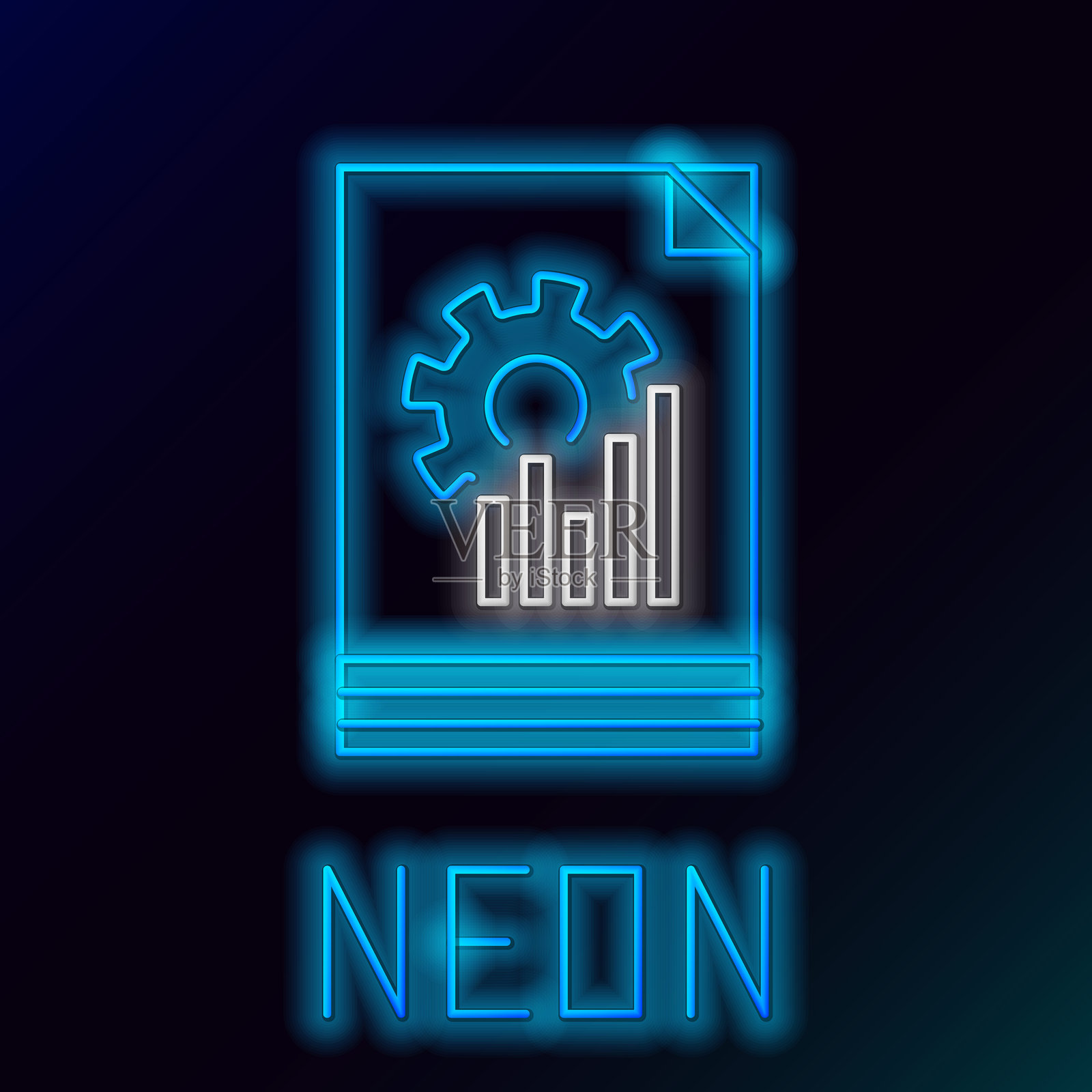 蓝色发光霓虹线条的文档与图表图标，背景为黑色。报告文本文件图标。会计标志。审计、分析、规划。彩色轮廓概念。矢量插图。插画图片素材