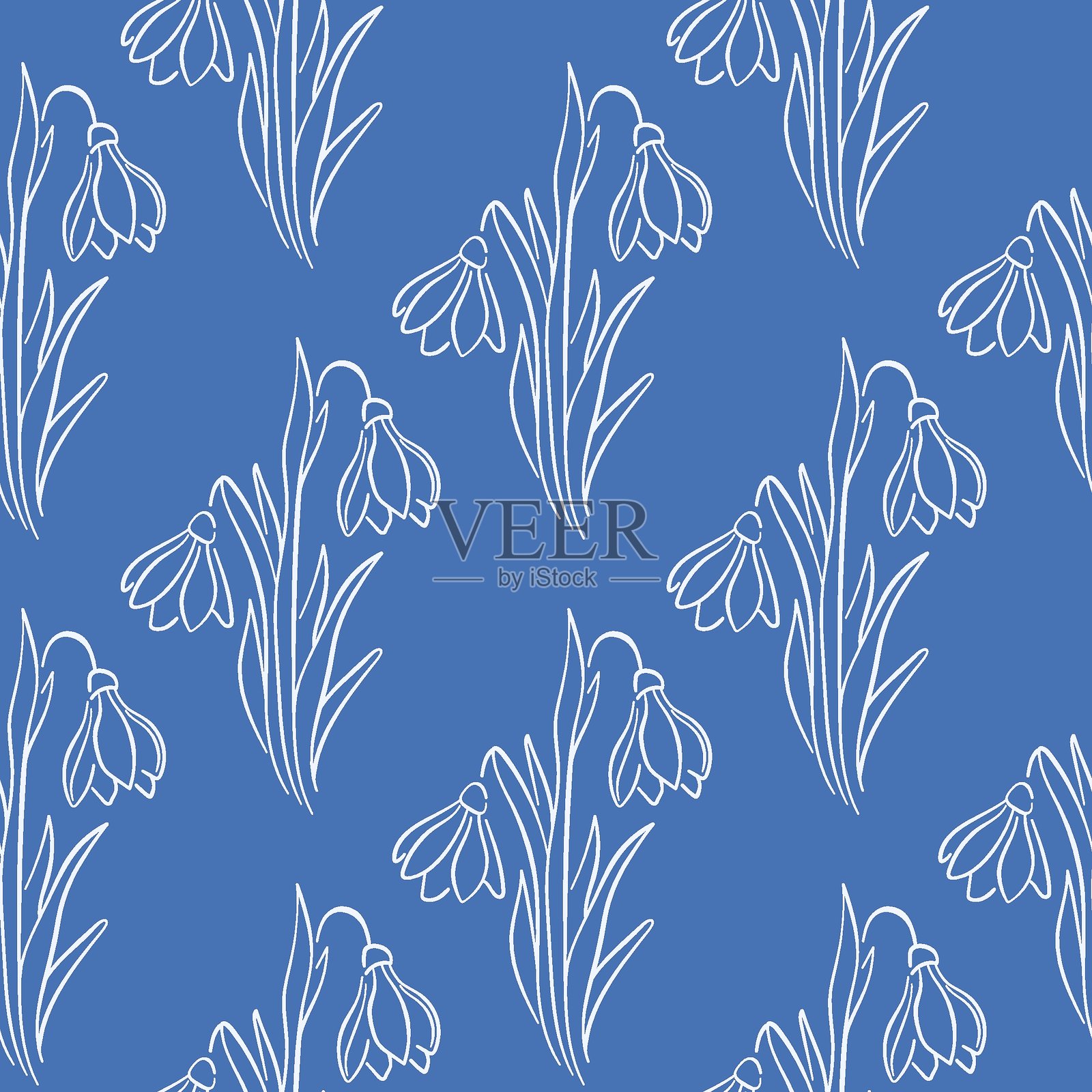 蓝色背景上的雪花莲花朵无缝图案，线条艺术风格。手绘花卉印花，适用于春季设计、壁纸和明信片。插画图片素材