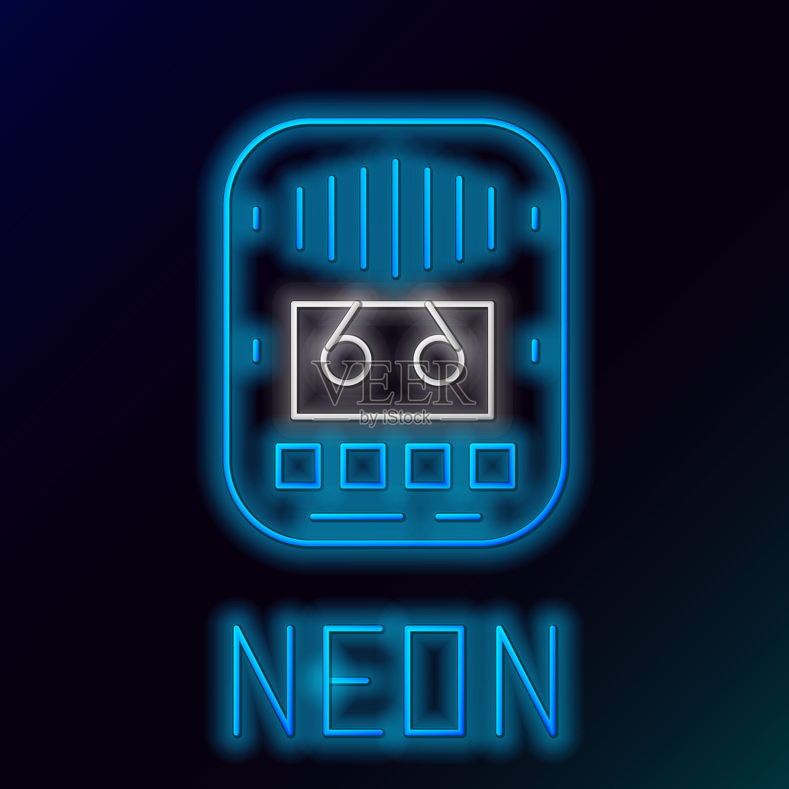 发光的霓虹线卡带播放器图标，背景为黑色。复古音频录音机。彩色轮廓概念。矢量图。插画图片素材