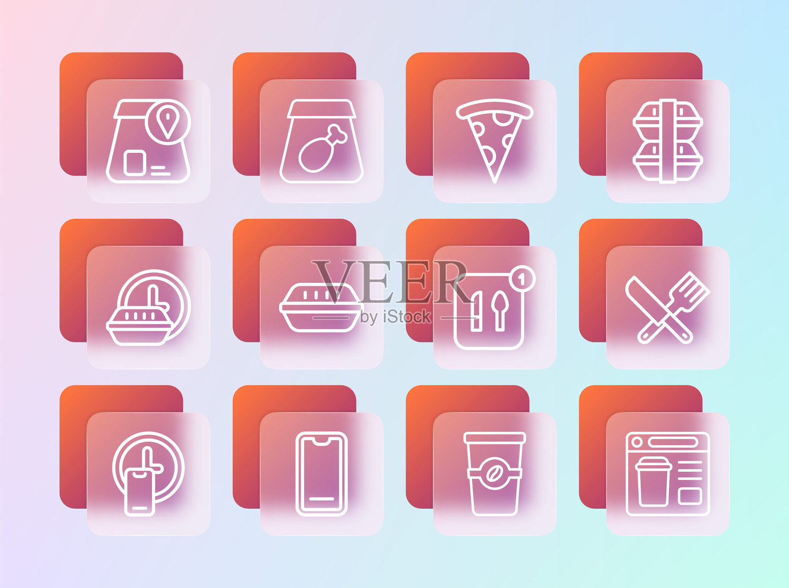 午餐盒，手机点餐，外带咖啡杯，披萨切片，在线食品和餐饮图标。矢量图。插画图片素材