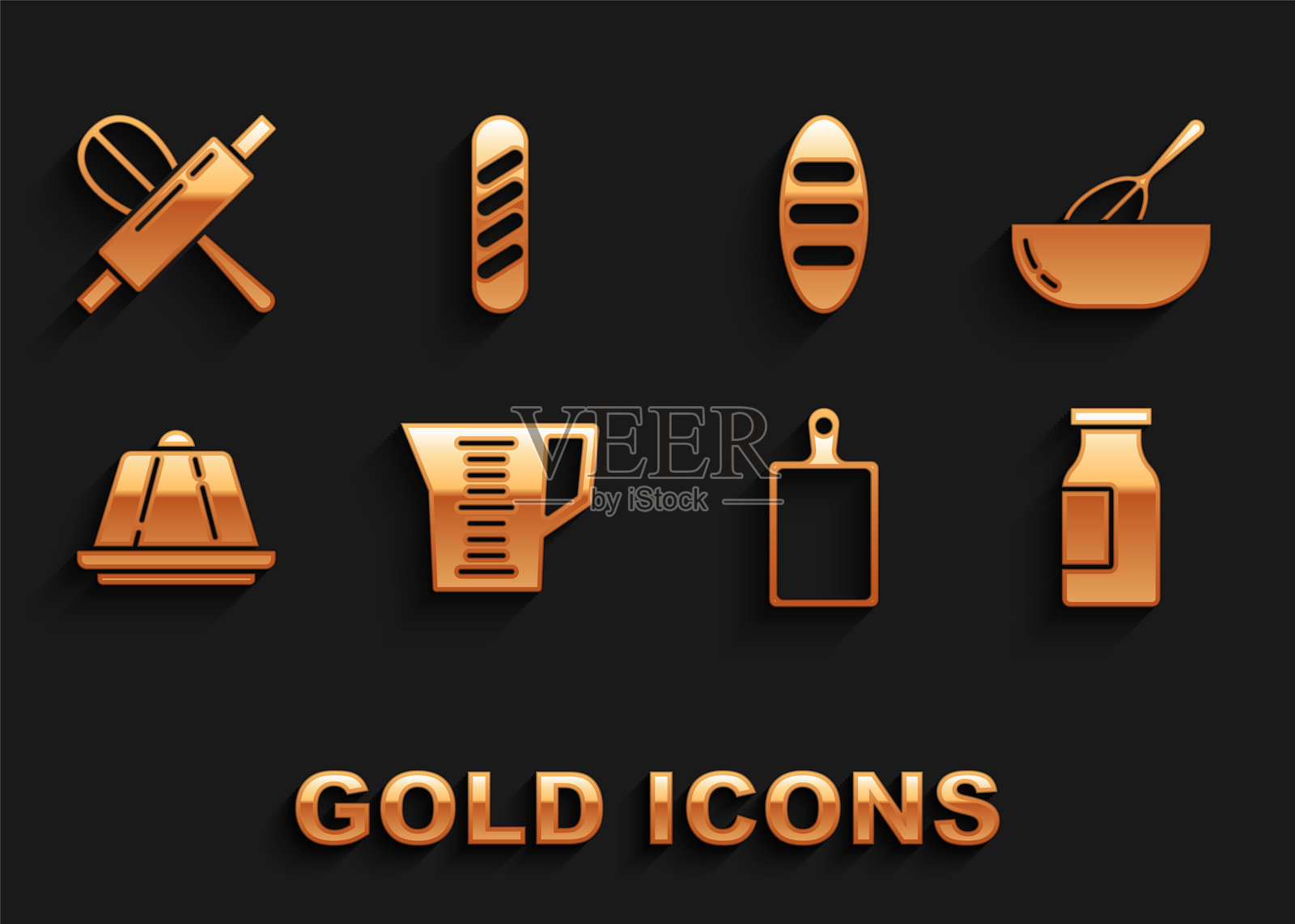 量杯、厨房打蛋器和碗、装牛奶的瓶子、切菜板、布丁、面包条、擀面杖和法式长棍面包图标。矢量图。插画图片素材