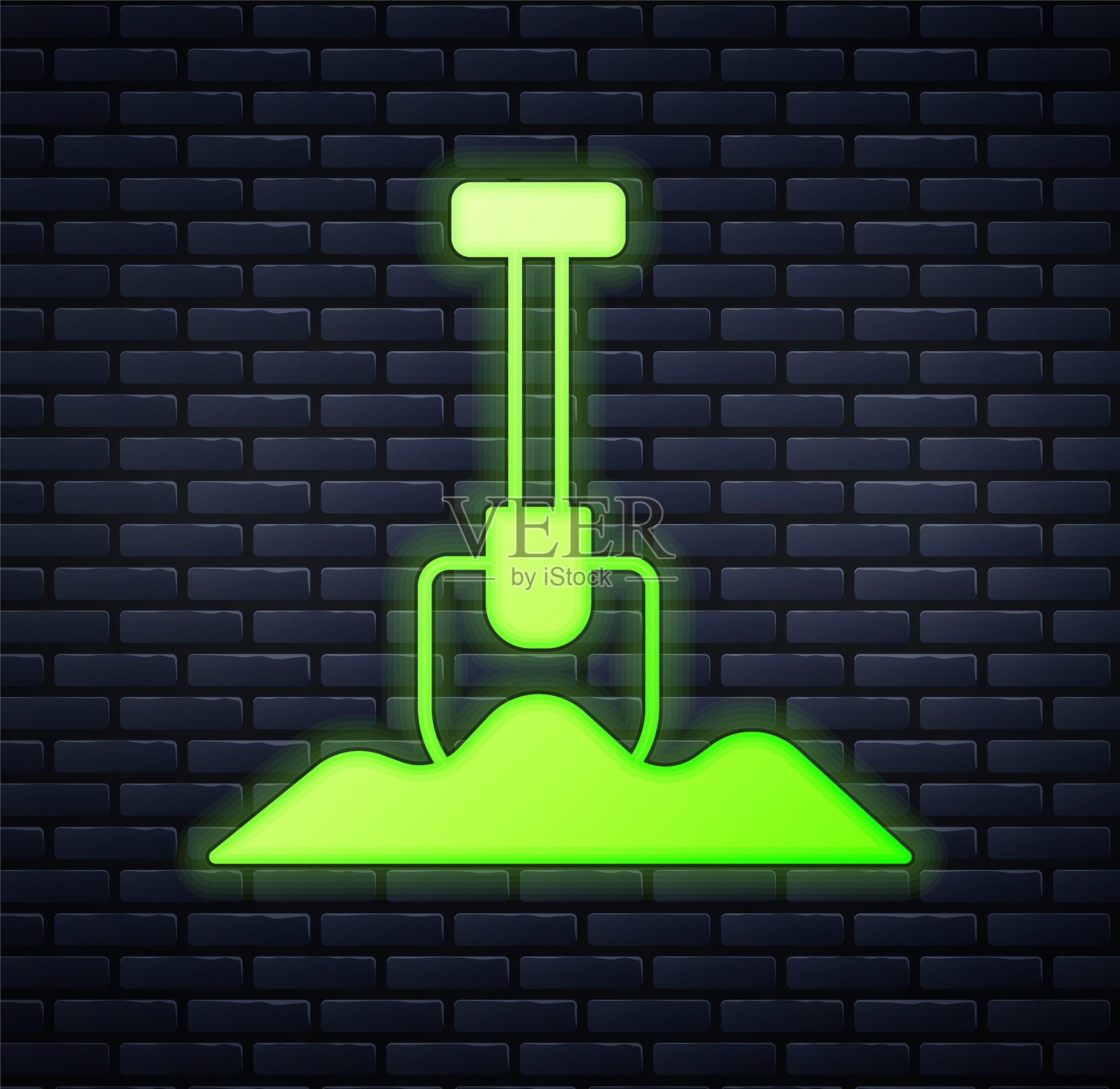 发光的霓虹铲子图标，背景为砖墙。园艺工具。用于园艺、农业、耕作的工具。矢量图。插画图片素材