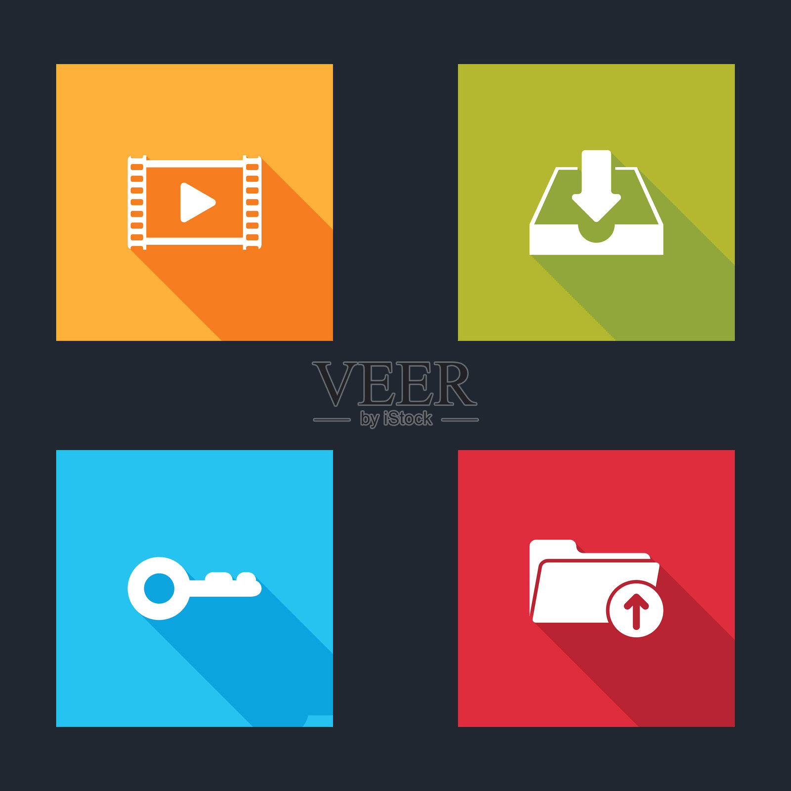 播放视频、下载收件箱、带文件夹图标的钥匙和箭头。矢量图。插画图片素材