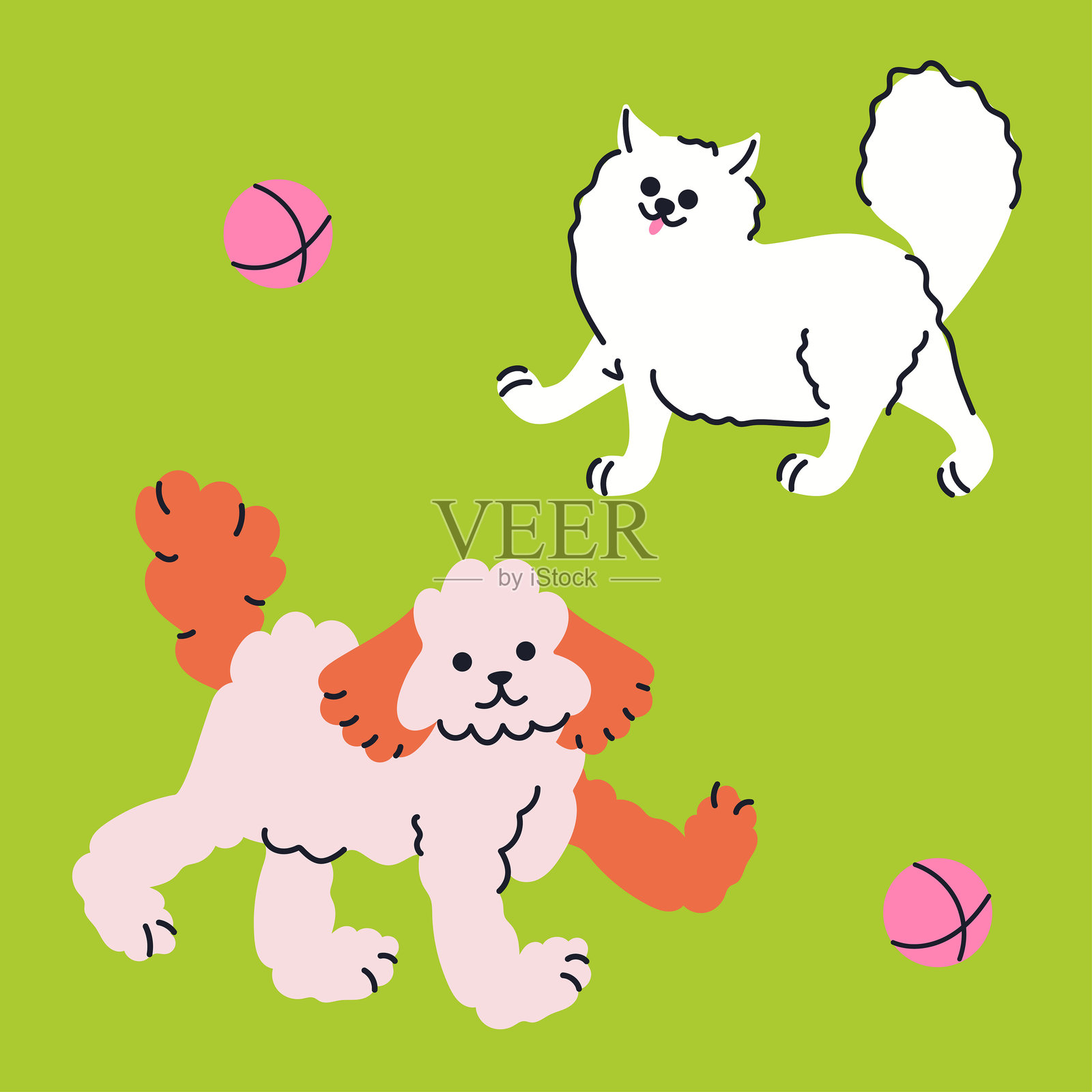 手绘的狗狗们在玩球。插画图片素材