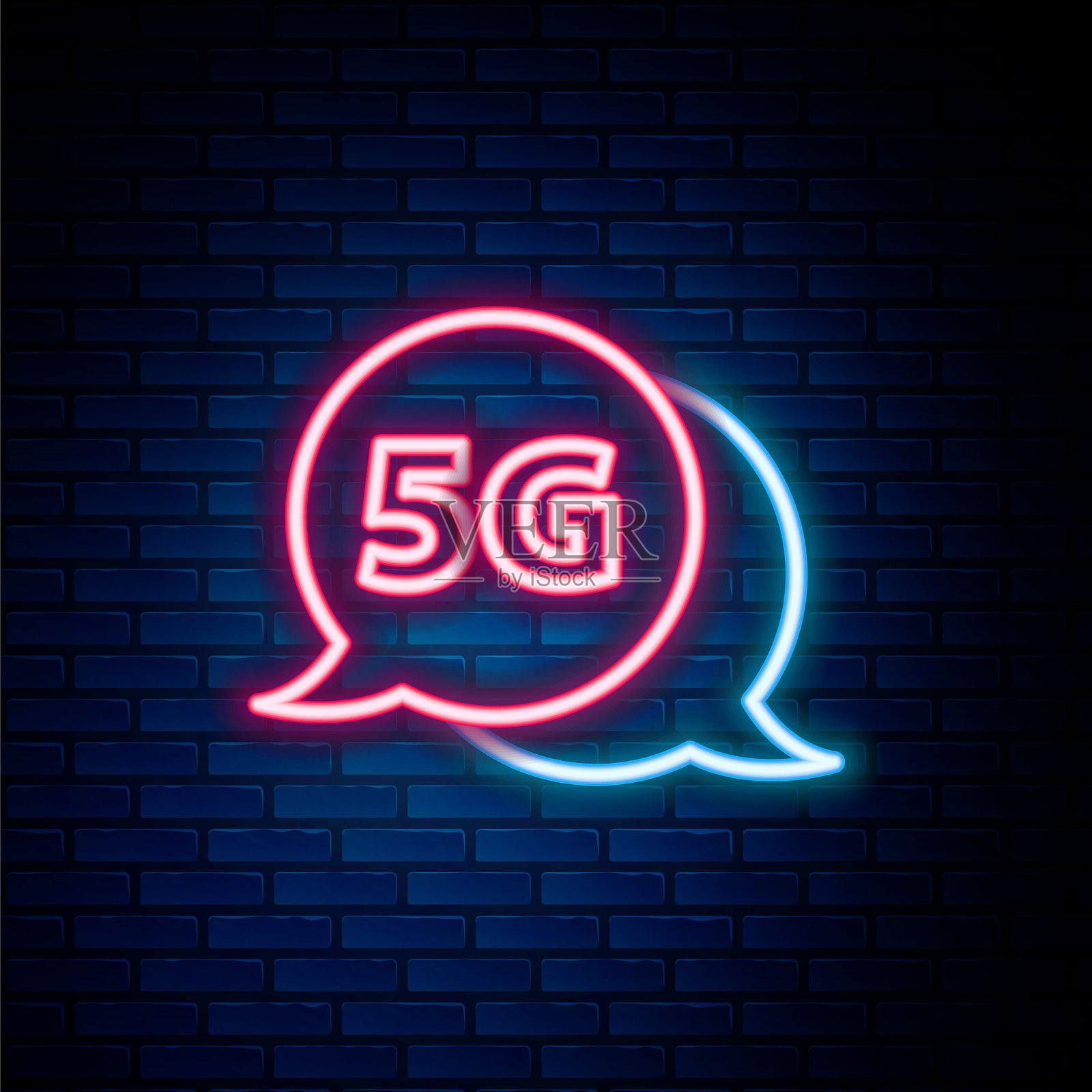 发光的霓虹线条5G新无线互联网wifi连接图标，背景为砖墙。全球网络高速连接数据传输技术。彩色轮廓概念。矢量图。插画图片素材