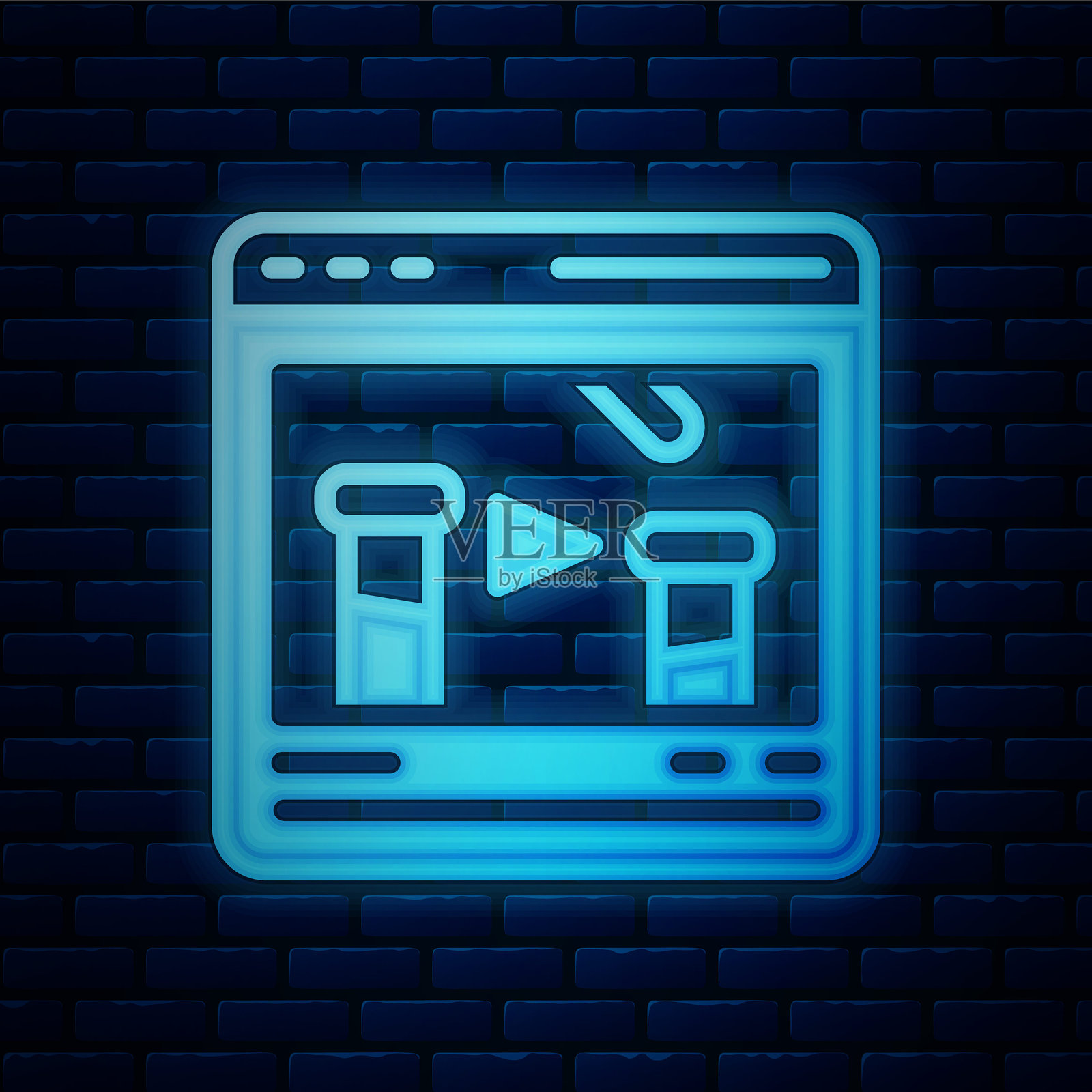 发光的霓虹化学实验在线图标，背景为砖墙。实验室中的科学实验与化学设备。矢量图。插画图片素材