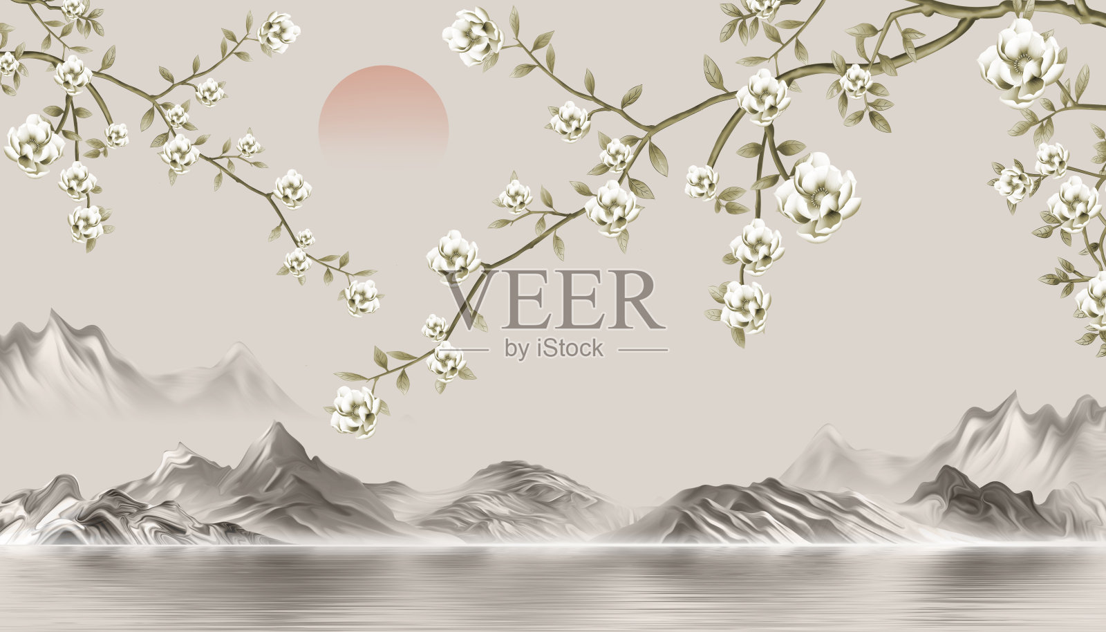 3D花卉壁画壁纸，背景为简单的浅灰色。花枝、山脉。现代风景艺术，适合卧室墙面家居装饰。照片摄影图片