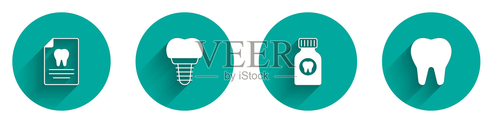 带有长阴影的牙科卡片、牙科植入物、牙痛止痛药片和图标的剪贴板。矢量图。插画图片素材