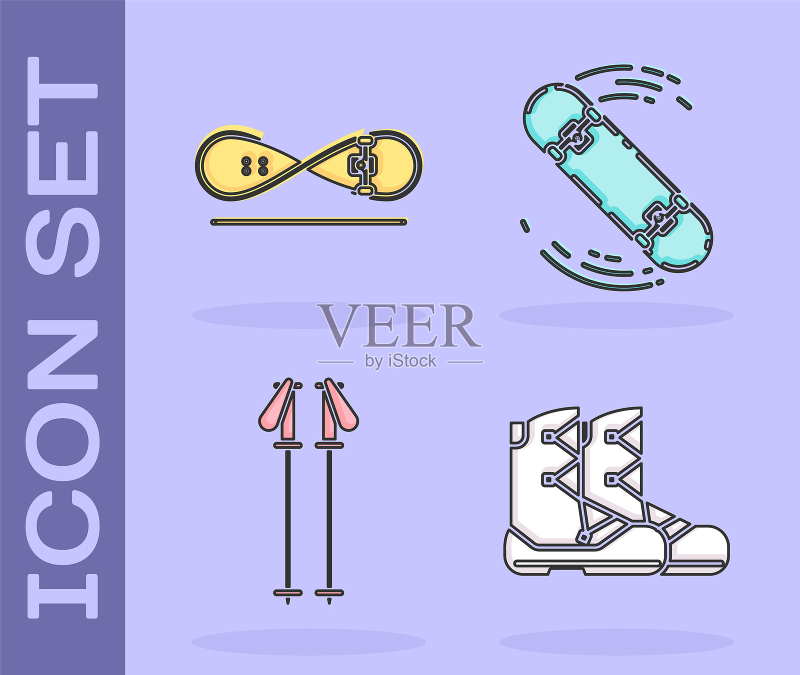 靴子、滑板特技、滑雪杖和滑板特技图标。矢量图。插画图片素材