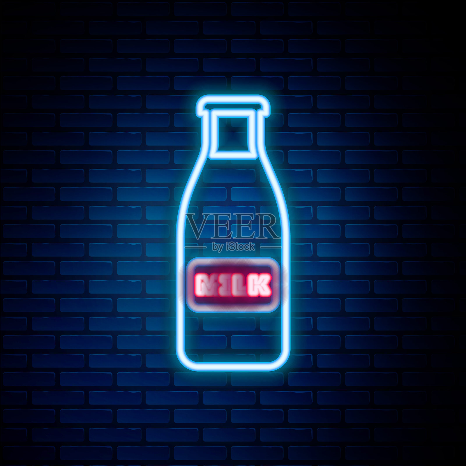发光的霓虹线条封闭的玻璃瓶，里面装有牛奶和瓶盖，背景为砖墙。色彩丰富的轮廓概念。矢量图。插画图片素材