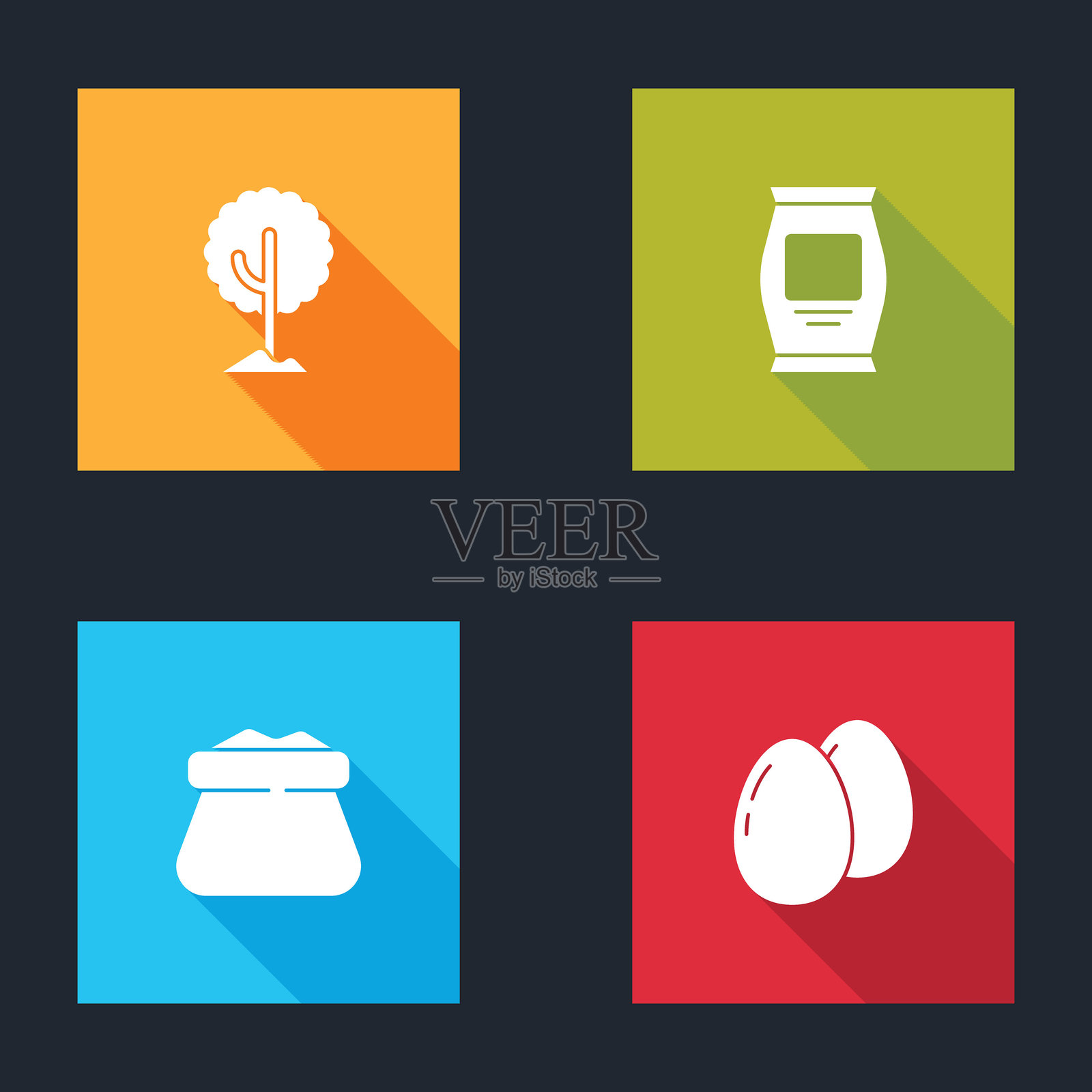 树木图标、肥料袋、满袋和鸡蛋图标。矢量图。插画图片素材