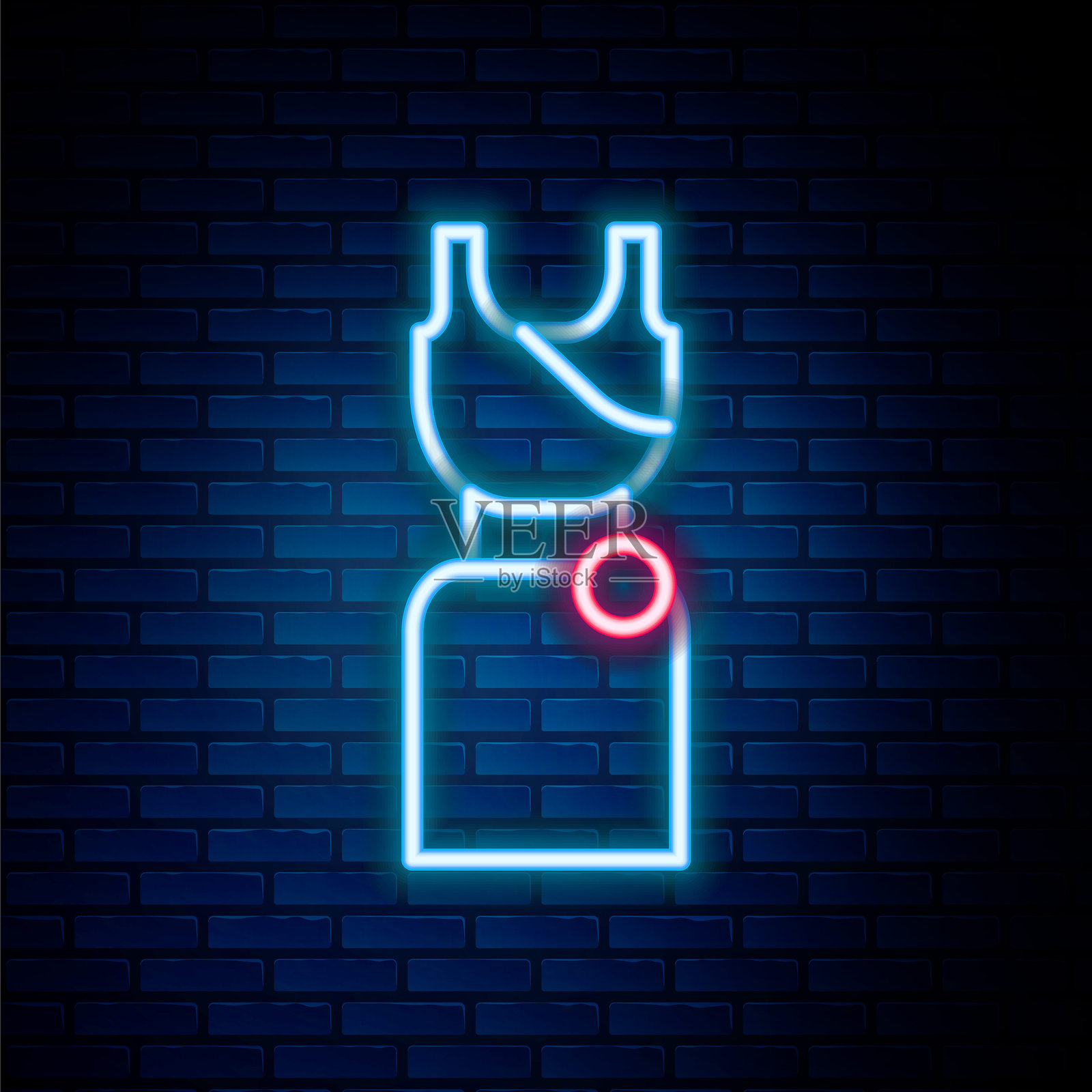 发光的霓虹线条女性连衣裙图标，背景为砖墙。服装标志。彩色轮廓概念。矢量图。插画图片素材