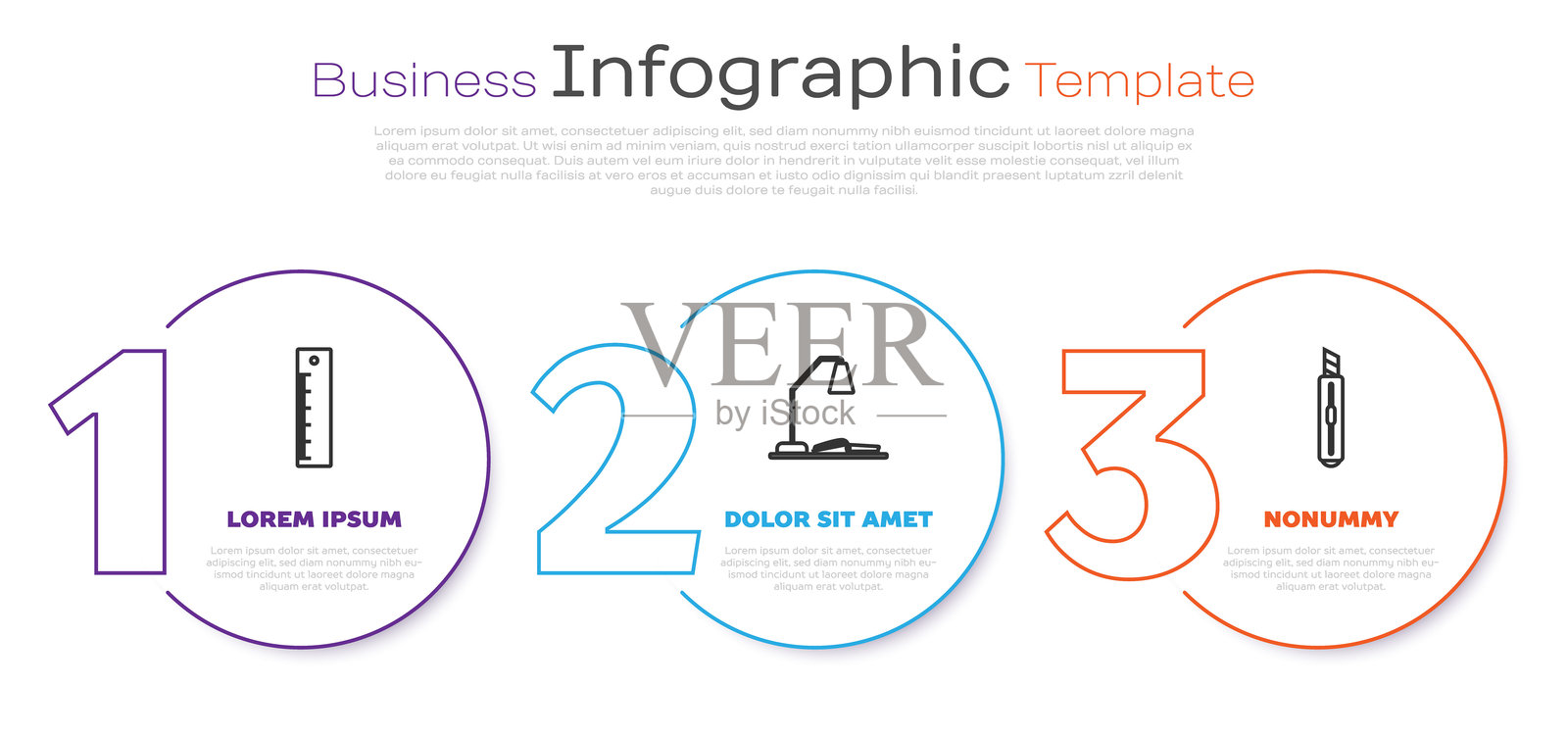 设置线性标尺，工作场所配有台灯、打开的书和文具刀。商业信息图模板。矢量图。插画图片素材