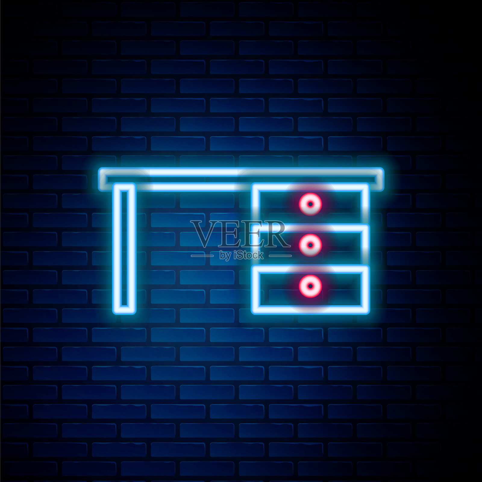 发光的霓虹线办公桌图标，背景为砖墙。彩色轮廓概念。矢量图。插画图片素材